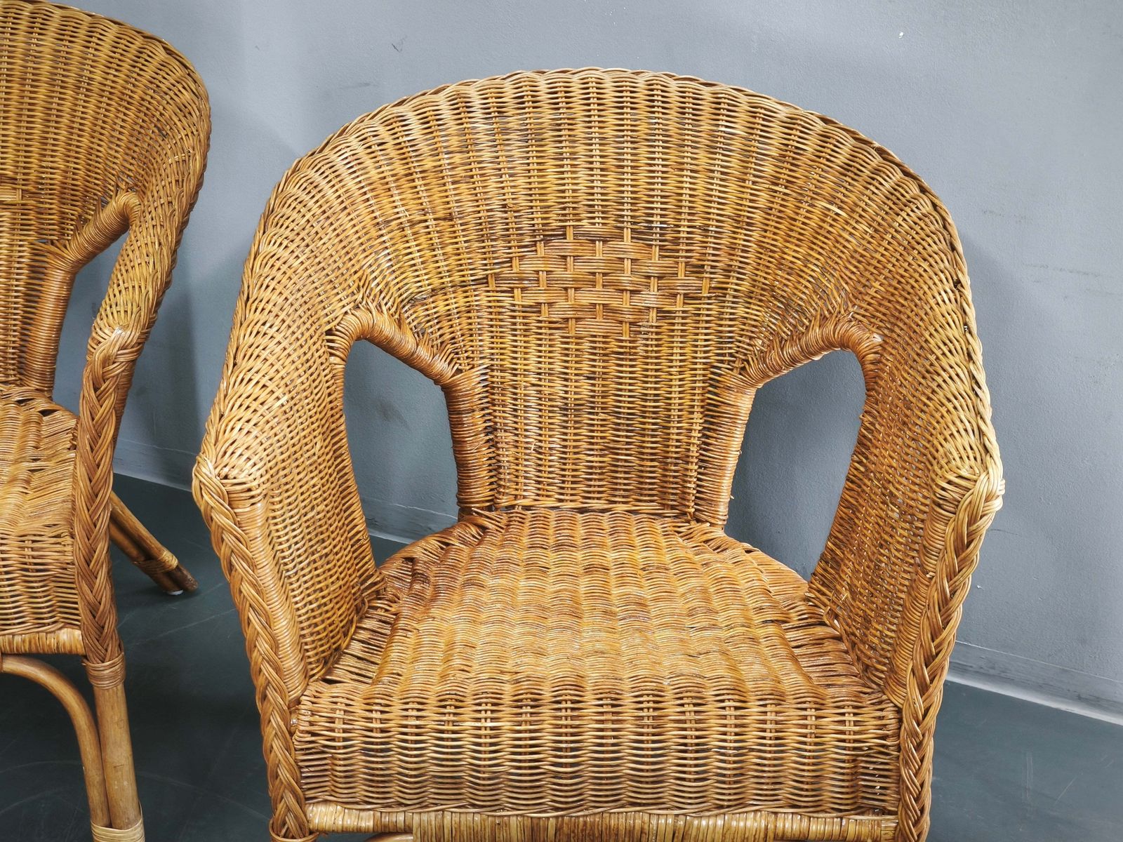 1487.0 1950s Italian Rattan And Wicker Lounge Set, Four Armchairs And Table photo