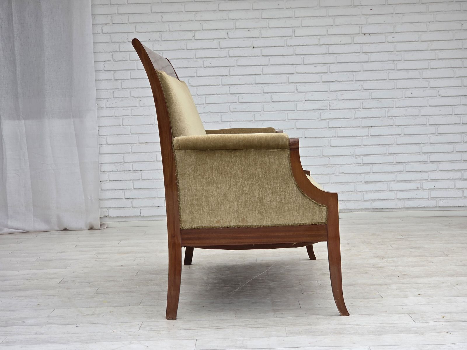 photo furniture 1950s, 2 Seater Danish Highback Sofa, Furniture Velour, Laqered Teak Wood.
