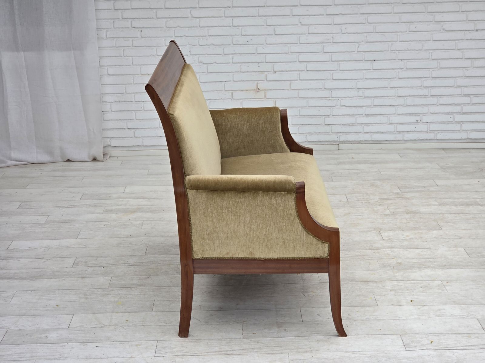 photo for sale 1950s, 2 Seater Danish Highback Sofa, Furniture Velour, Laqered Teak Wood.