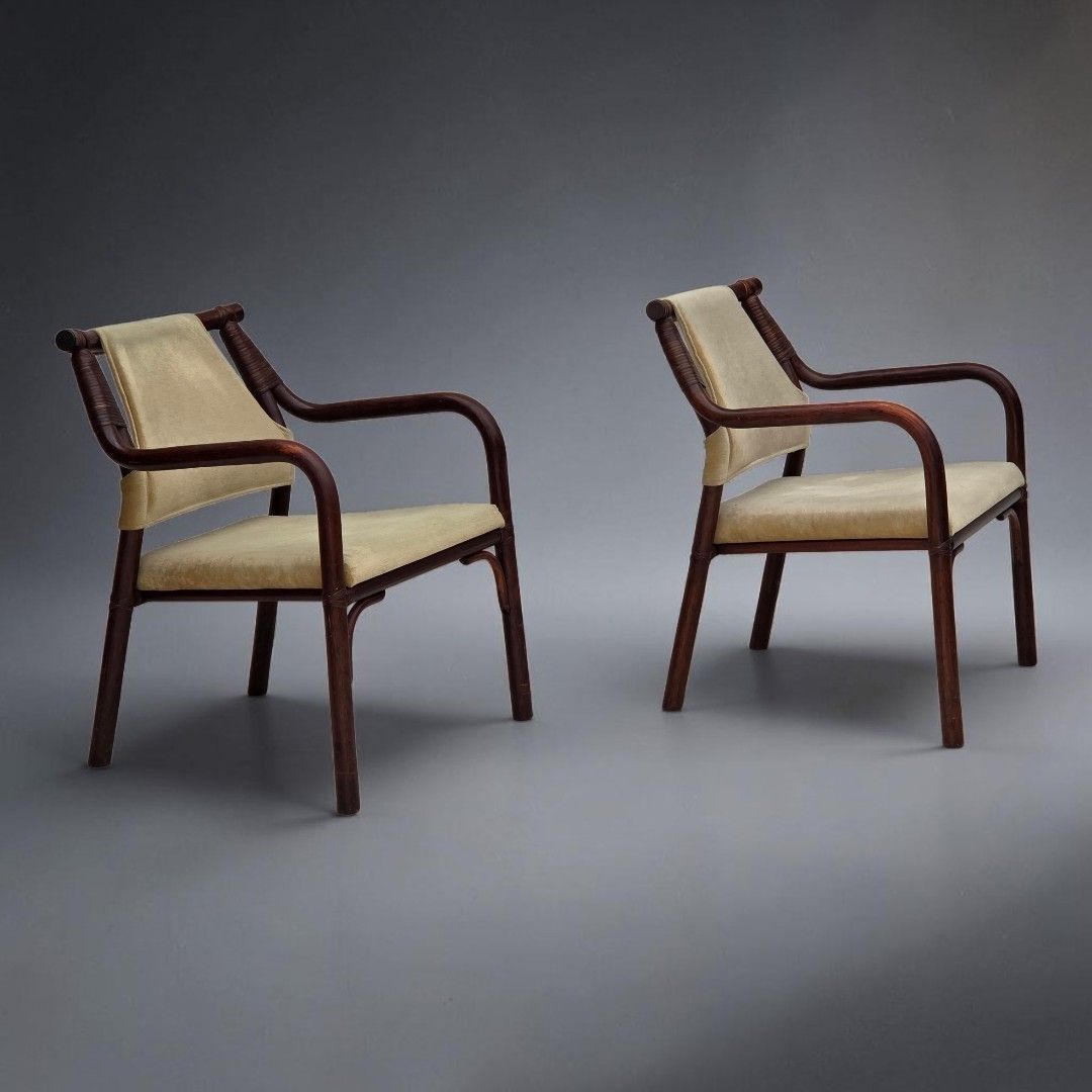 Ca. jaren 1980, paar Scandinavische fauteuils, meubelvelours, bamboe.