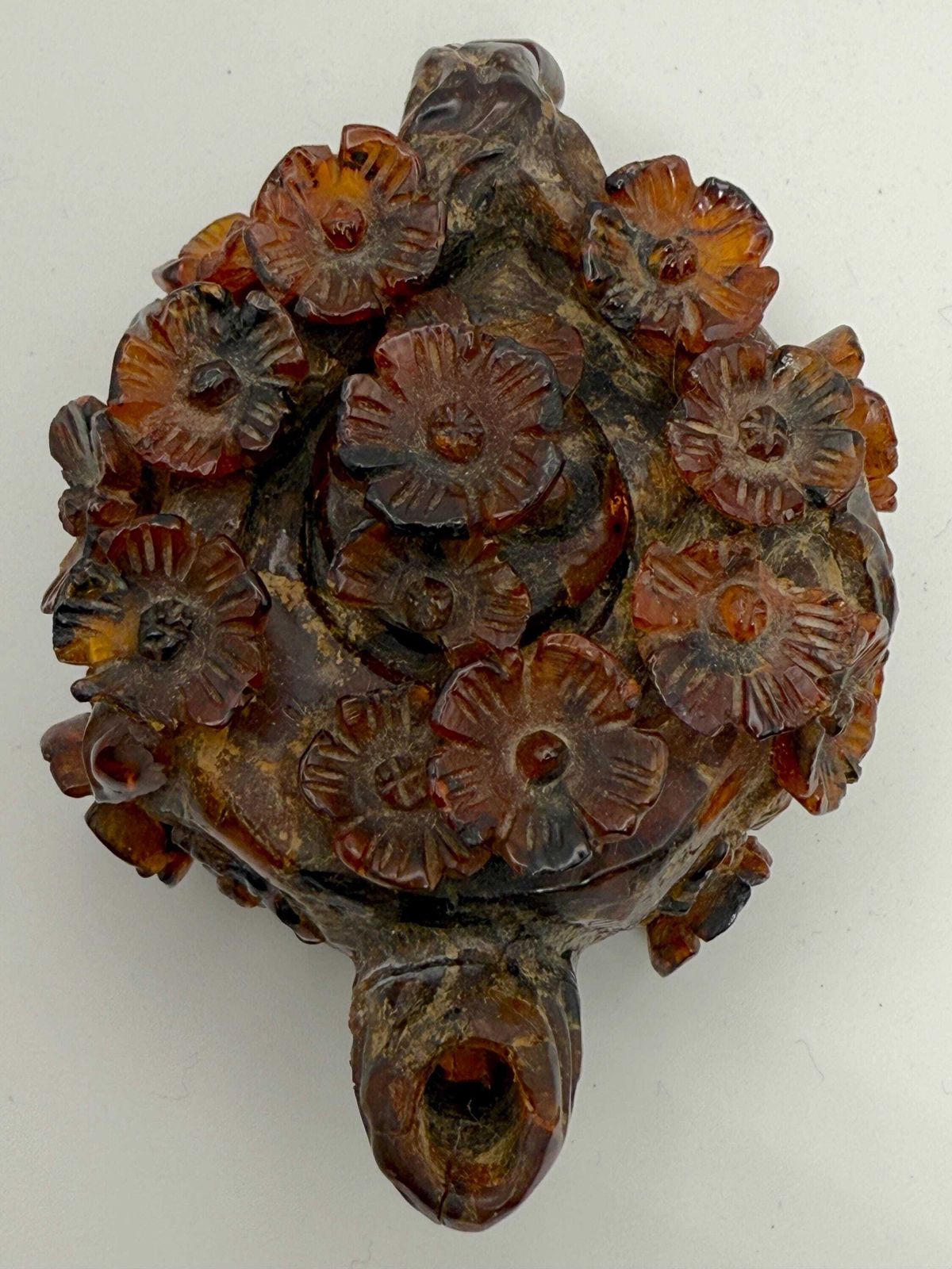 photo buy Antique Chinese Carved Amber Miniature Wine Pot, Prunus/Plum Blossom Relief, Late Qing Dynasty — As Found, Damage