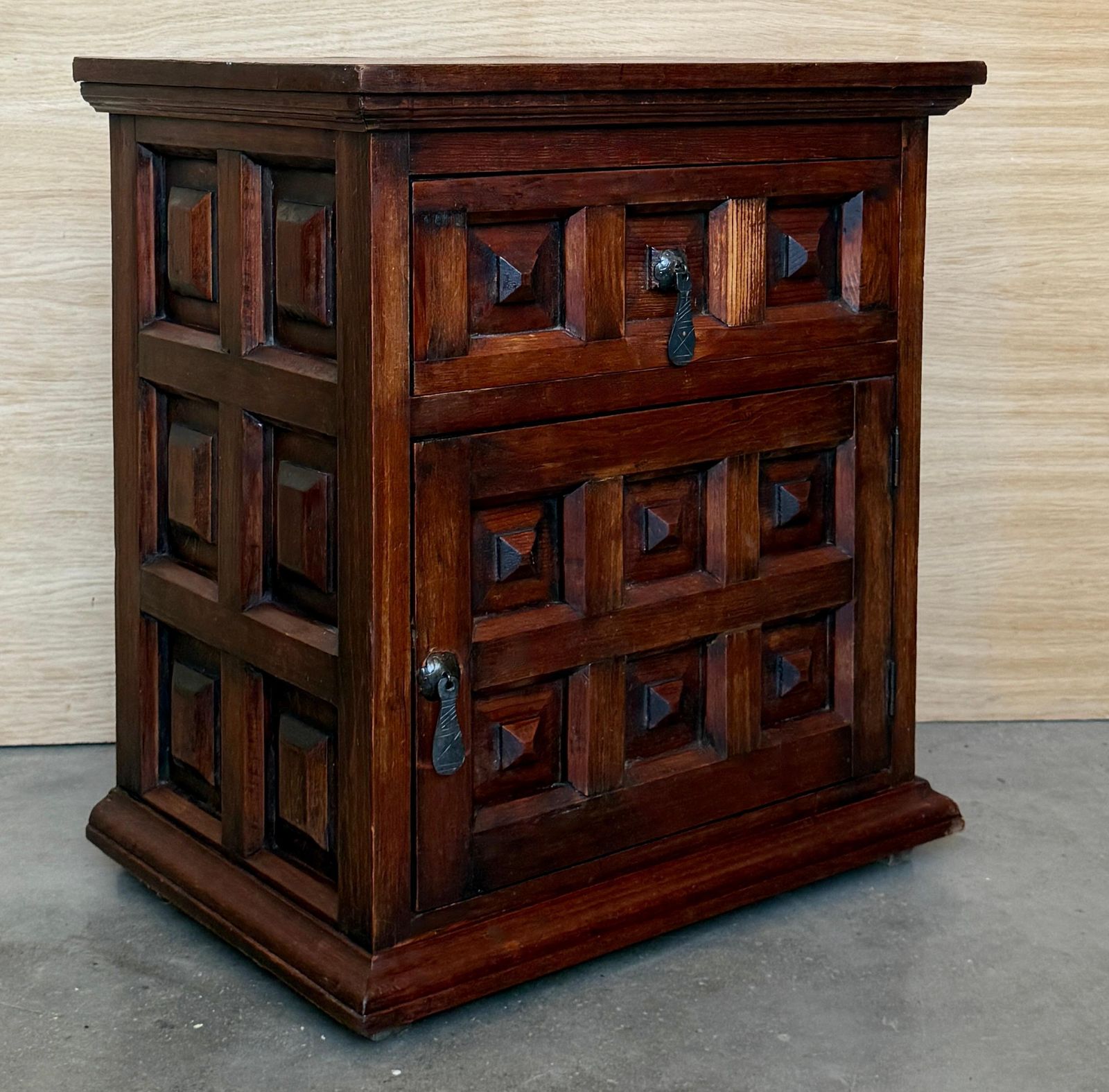 Pair Of Spanish Solid Walnut Nightstands With Hand Carved Geometric Panels photo vinterior