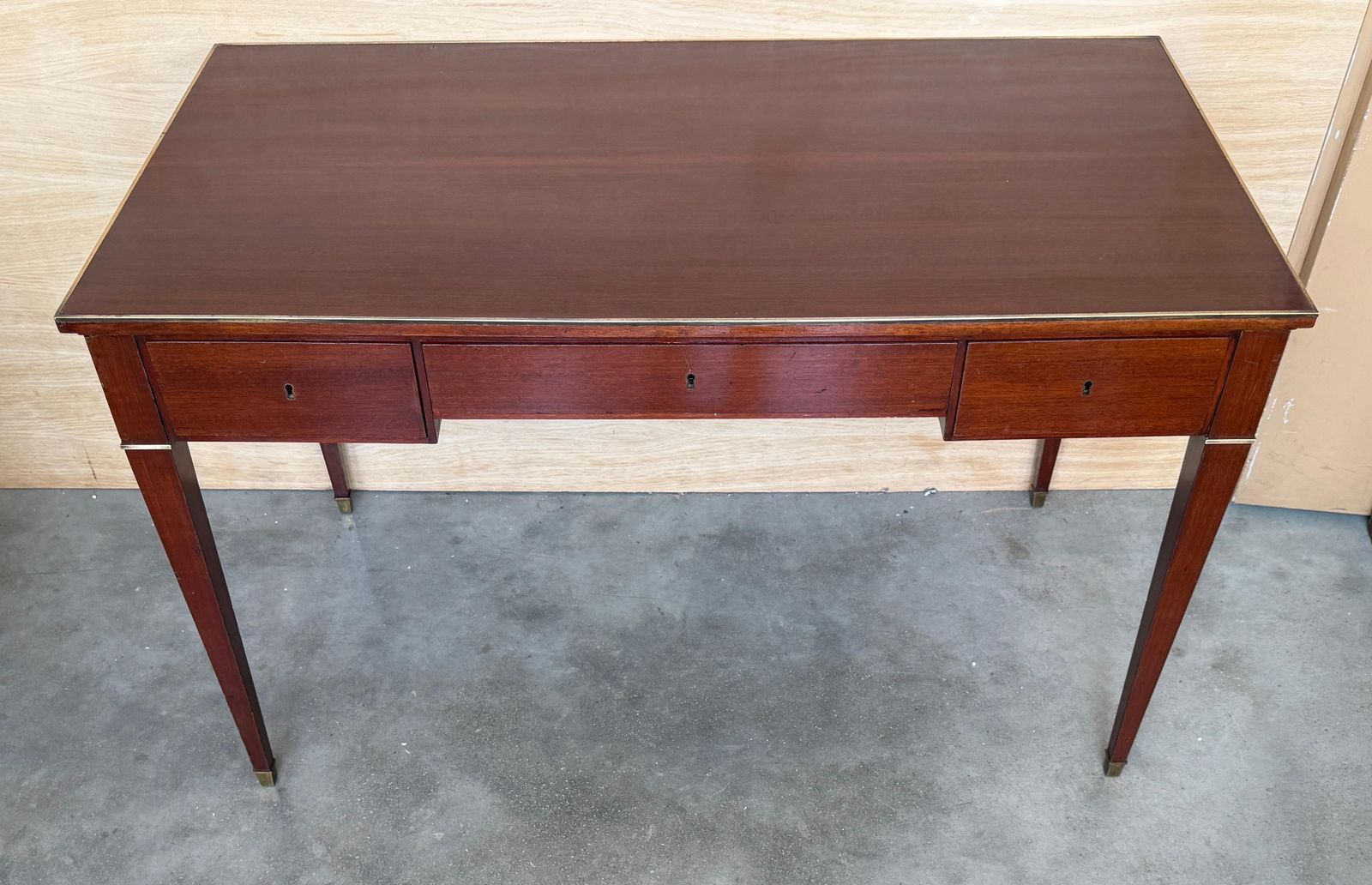 Antique Neoclassical Mahogany Writing Desk With Brass Inlays And Three Drawers photo vinterior