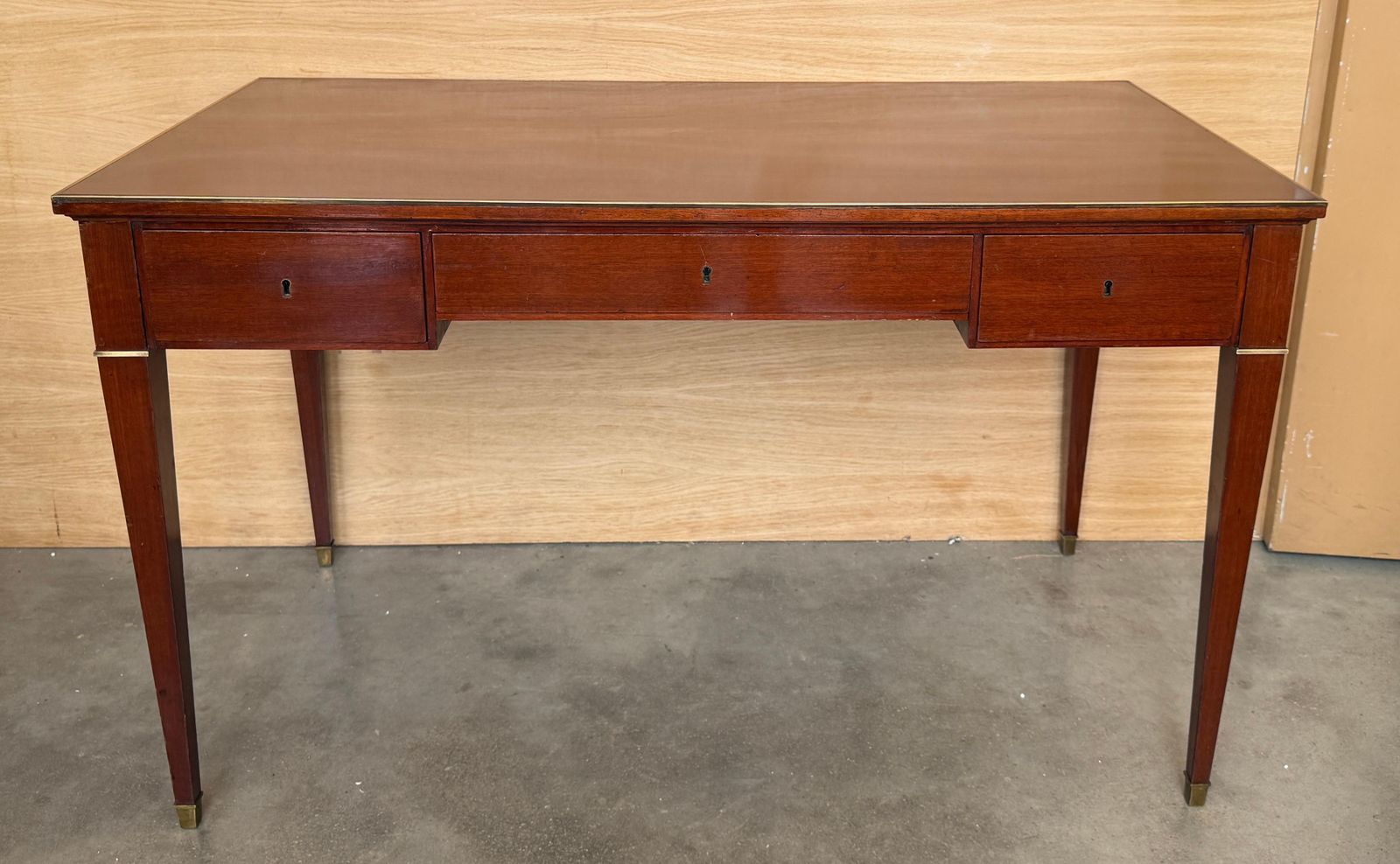 photo furniture Antique Neoclassical Mahogany Writing Desk With Brass Inlays And Three Drawers