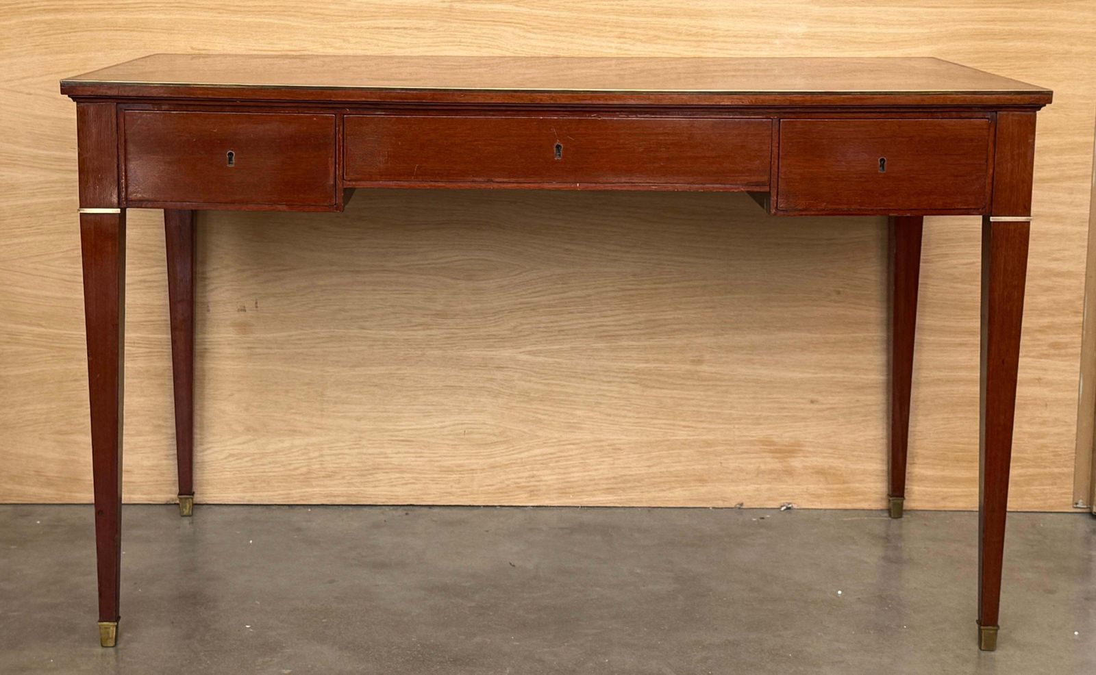 Furniture Antique Neoclassical Mahogany Writing Desk With Brass Inlays And Three Drawers photo