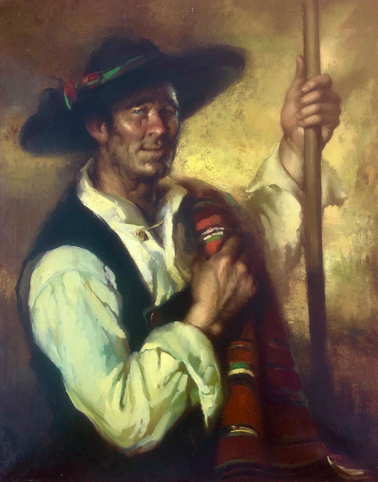 Jose Puyet Spanish Goya Style Gentleman Portrait Oil Painting Traditional Costume Staff C.1980