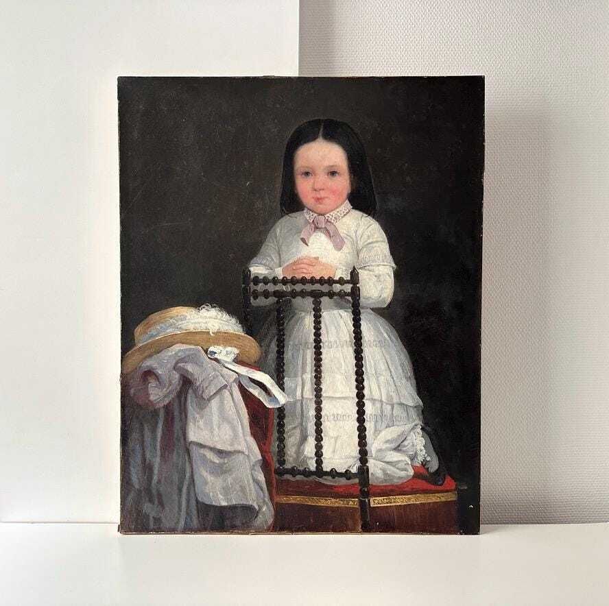 Antiek groot Frans olieverfportret van een biddend meisje, ca. jaren 1850 – schilderij op doek, 36x29 inch