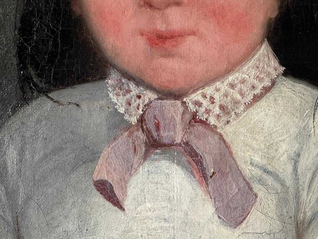 Antiek groot Frans olieverfportret van een biddend meisje, ca. jaren 1850 – schilderij op doek, 36x29 inch photo vintage