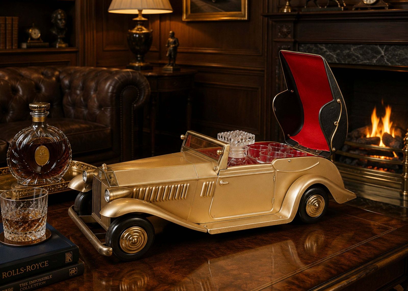 Décoration Service à décanter musical d'époque Rolls Royce avec carafe en cristal et 4 verres à liqueur photo
