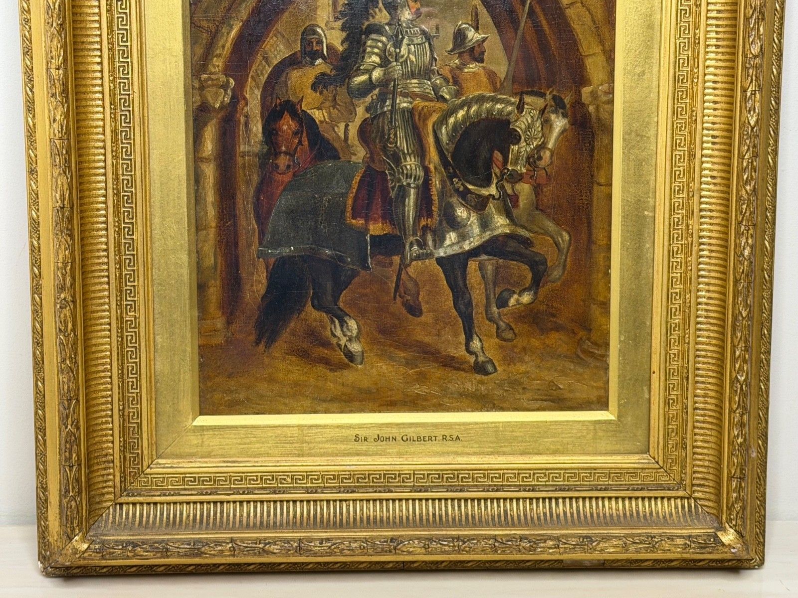 19e-eeuws olieverfchilderij, Renaissancistische ridder te paard onder kloostergang, in de stijl van Sir John Gilbert RA photo Kunst