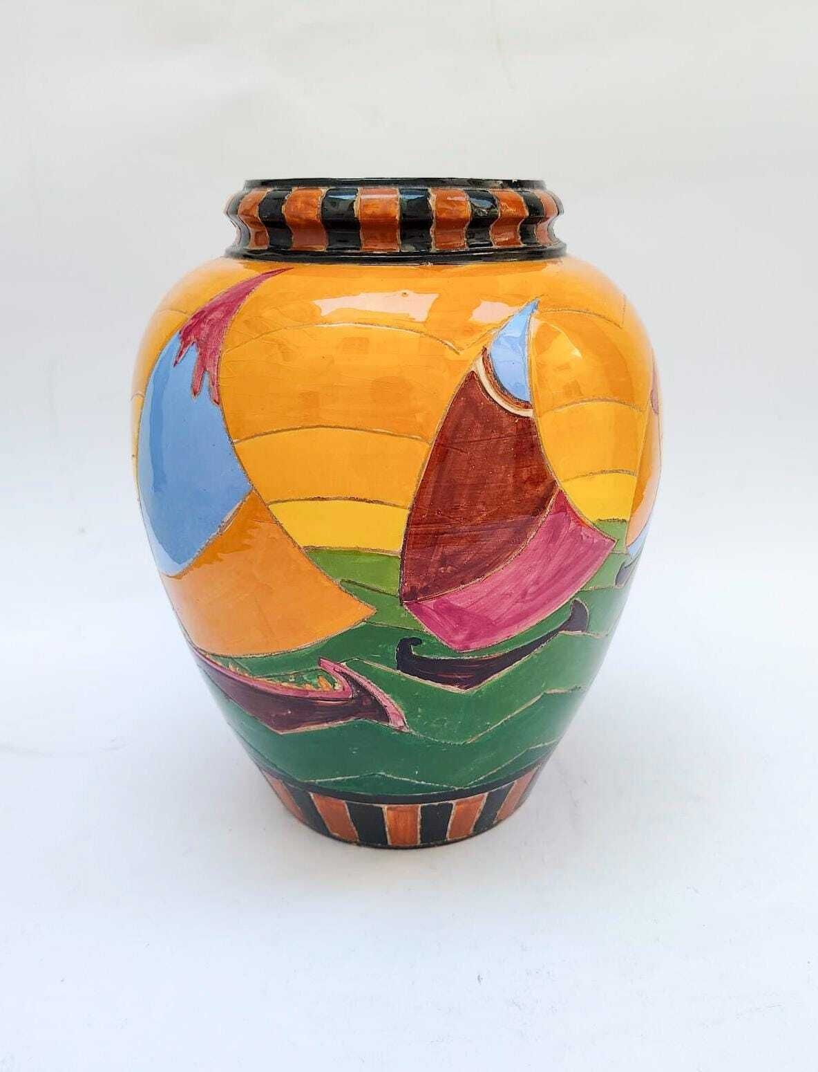 Zipoli Caiani Sesto Fiorentino Veelkleurige Keramische Amfoorvase Met Art Deco Zeilschip Ca. jaren 1940