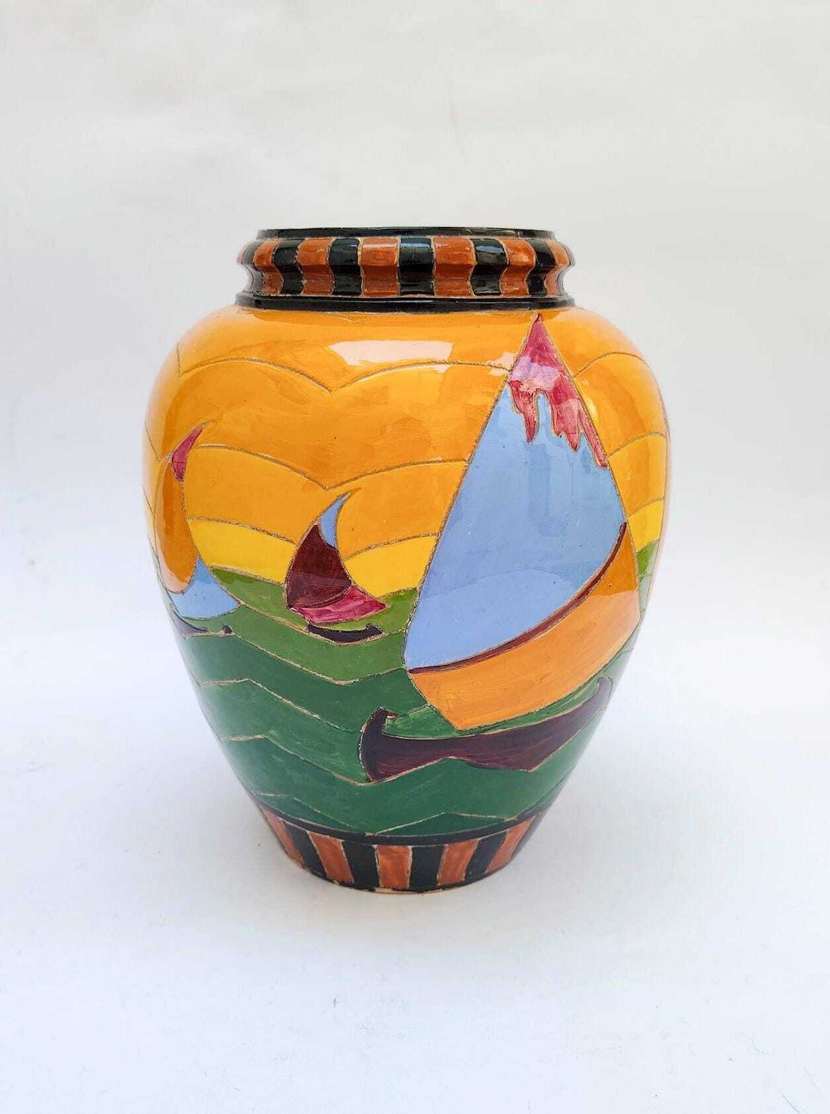 Zipoli Caiani Sesto Fiorentino Veelkleurige Keramische Amfoorvase Met Art Deco Zeilschip Ca. jaren 1940 photo for sale