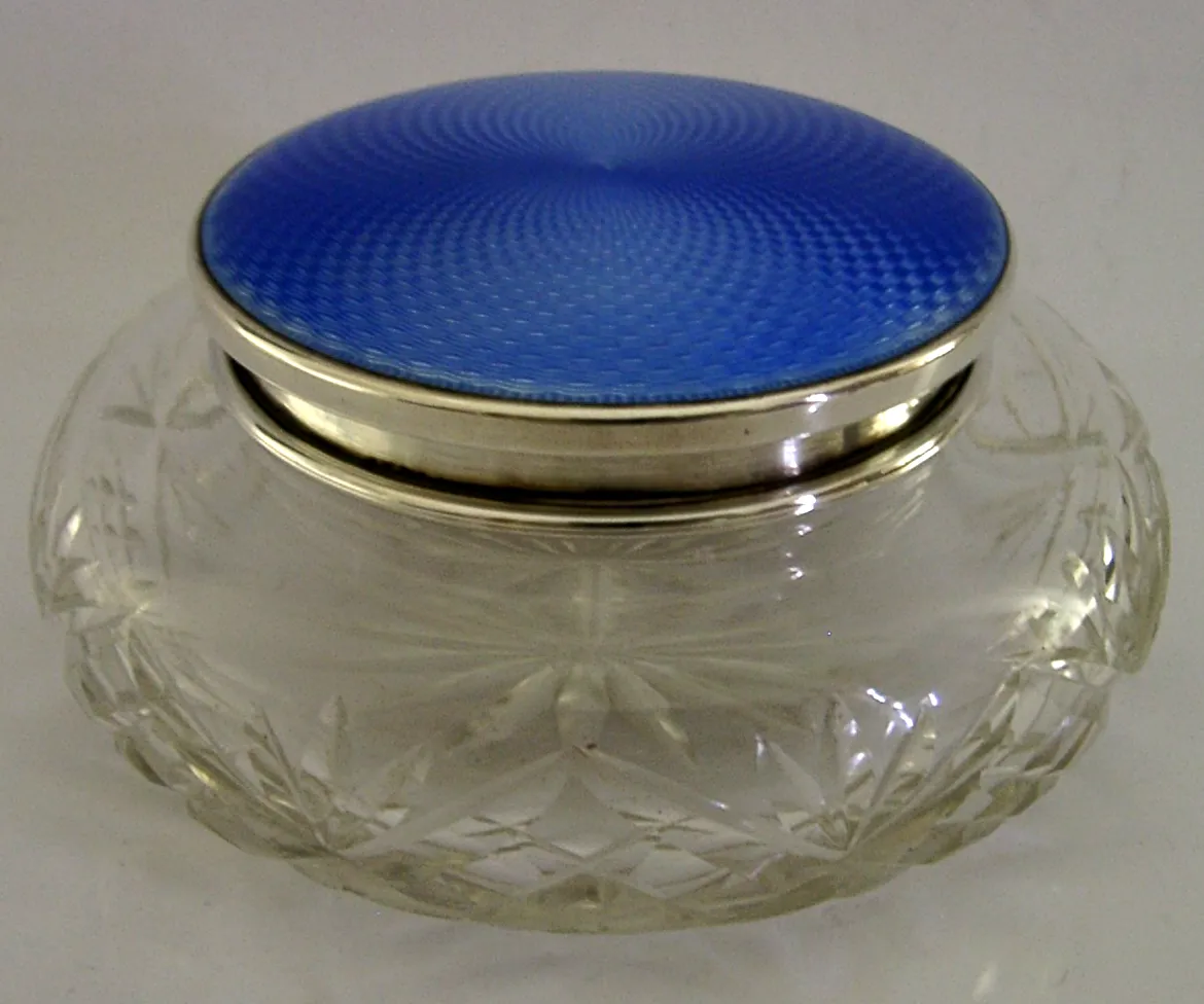4,25 Inch Art Deco Sterling Zilver Geslepen Glas Blauw Geëmailleerde Pot 1930 Antiek photo for sale