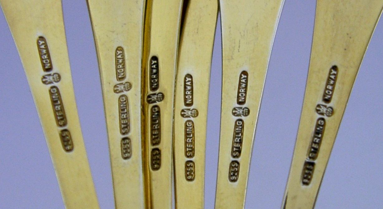 Six Beautiful Norwegian Solid Sterling Silver Gilt Enamel Spoons C1970s photo vinterior