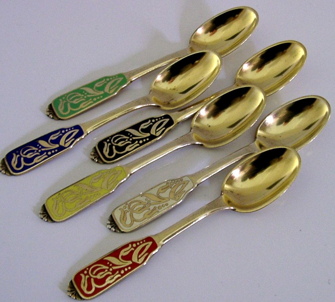 Cuillers danoises en argent massif sterling doré et émaillé, vers 1960 photo Décoration