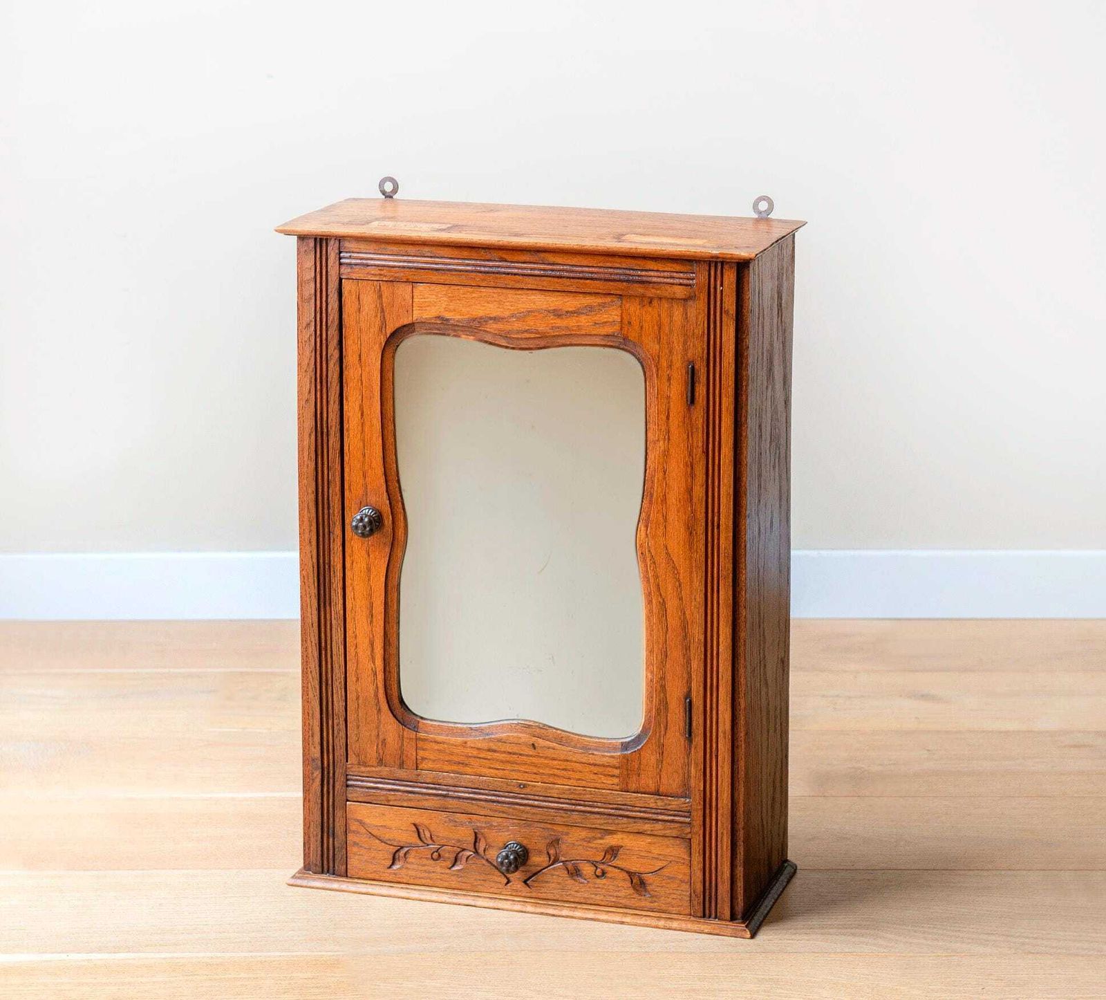 Antique French Oak Wall Cabinet With Wavy Mirror   19th Century Hanging Medicine Cabinet   Rustic Bathroom Storage