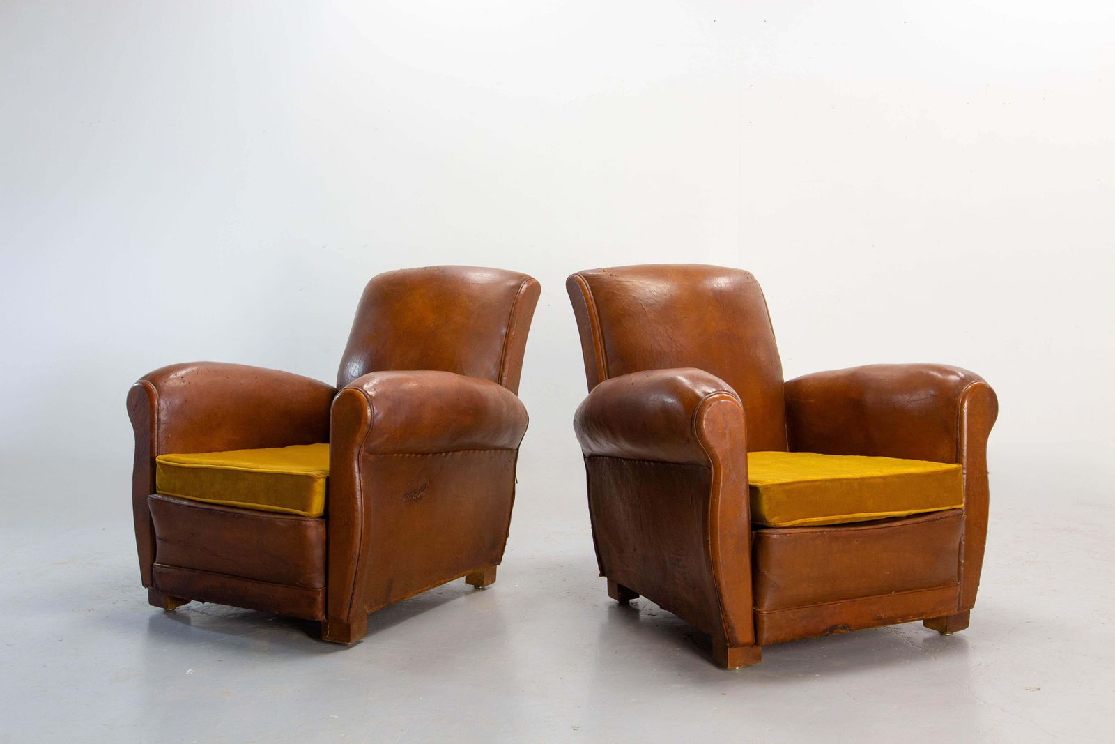 Antique Pair Club Armchair Fauteuil Cognac Leather & Fabric French, Circa 1930 photo for sale