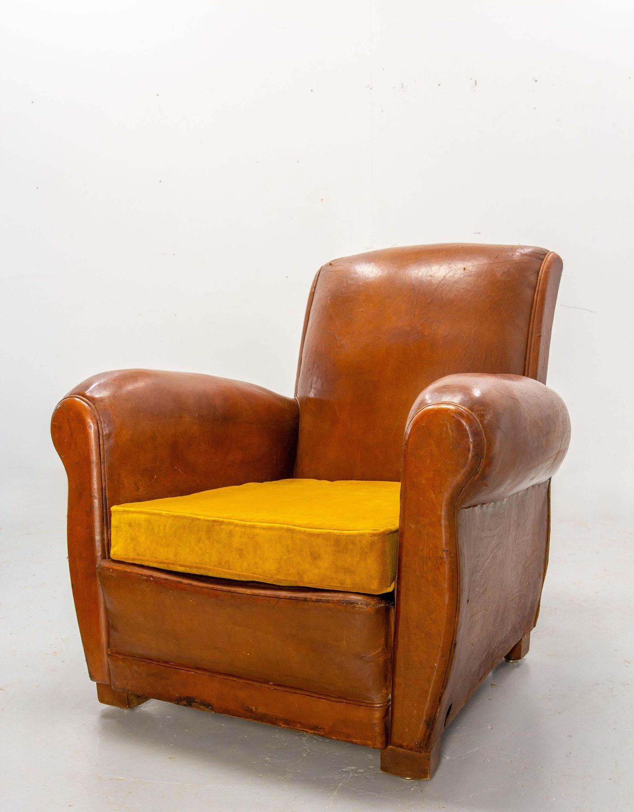 Antique Pair Club Armchair Fauteuil Cognac Leather & Fabric French, Circa 1930 photo buy