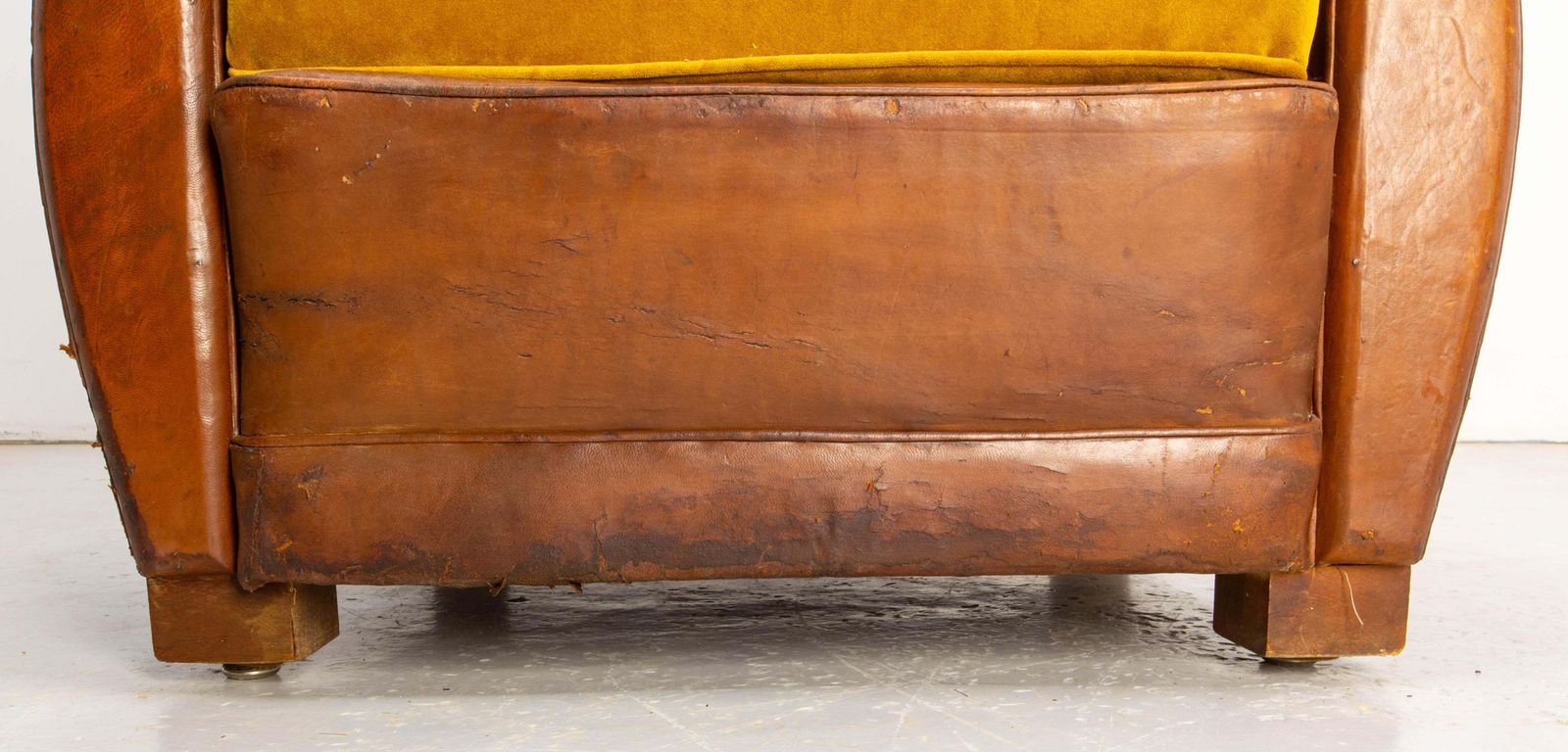 3140.0 Antique Pair Club Armchair Fauteuil Cognac Leather & Fabric French, Circa 1930 photo