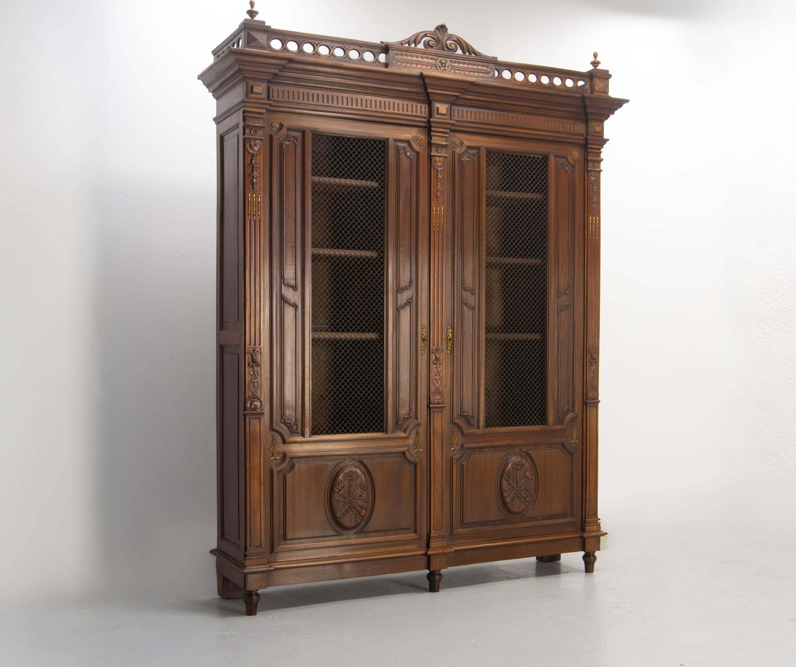 French Louis XVI Style Exotic Wood Wire Mesh Book Case Armoire C. 1890 photo for sale