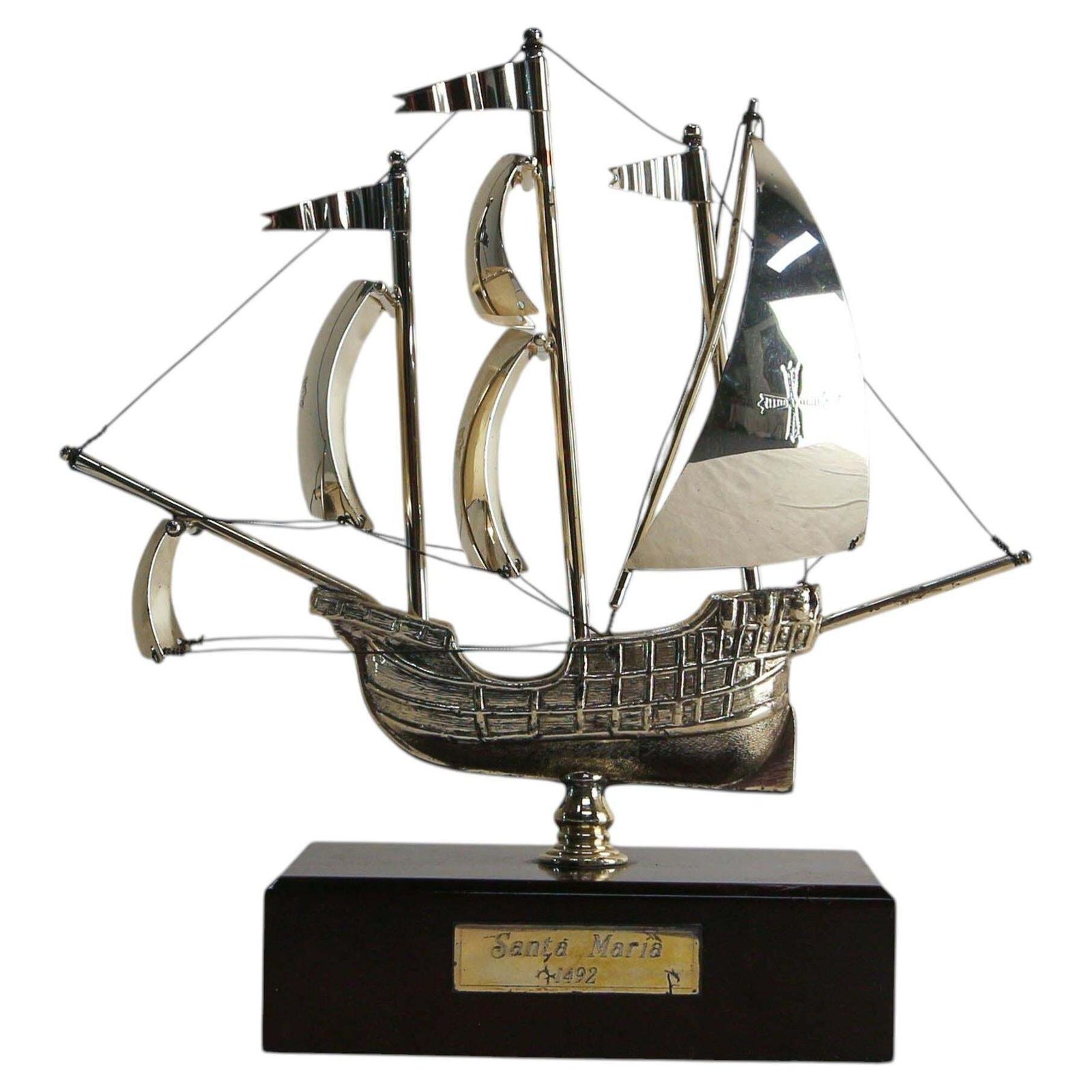 Maquette décorative française de bateau en argent sur socle, vers 1980