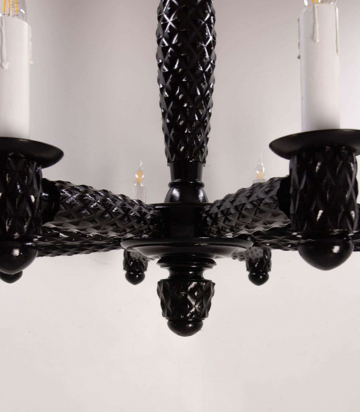French Black Lacquered Wood Ceiling Lustre Eight Lamps, Circa 1940 photo vintage