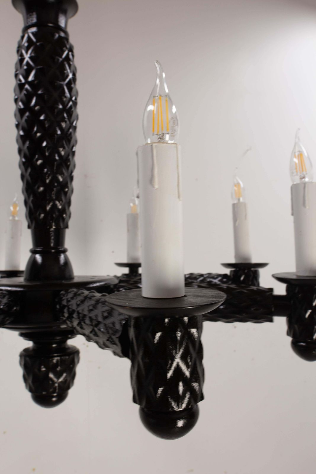 photo for sale French Black Lacquered Wood Ceiling Lustre Eight Lamps, Circa 1940