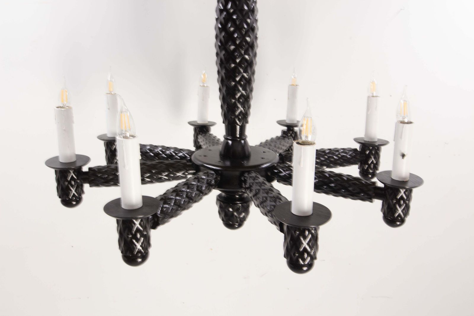Lighting French Black Lacquered Wood Ceiling Lustre Eight Lamps, Circa 1940 photo