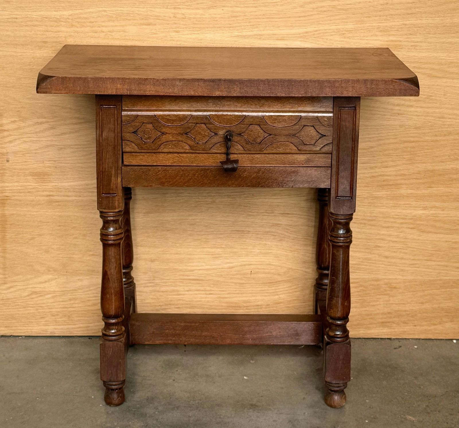 Antique Pair Of Spanish Solid Walnut Nightstands With Hand Carved Drawer Fronts photo for sale