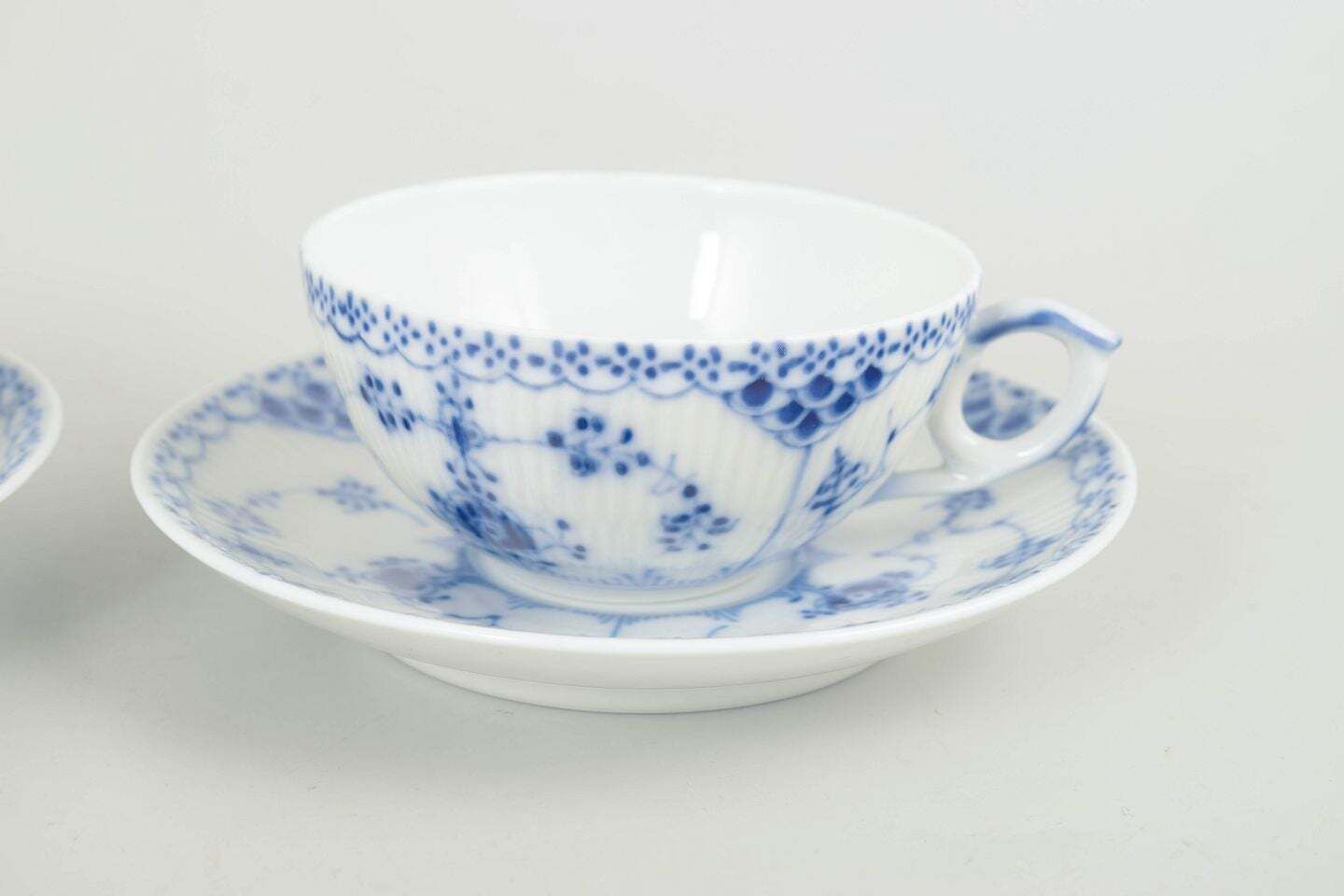 Royal Copenhagen. Blue Fluted Half Lace Two Teacups With Saucers, 1980s. photo for sale
