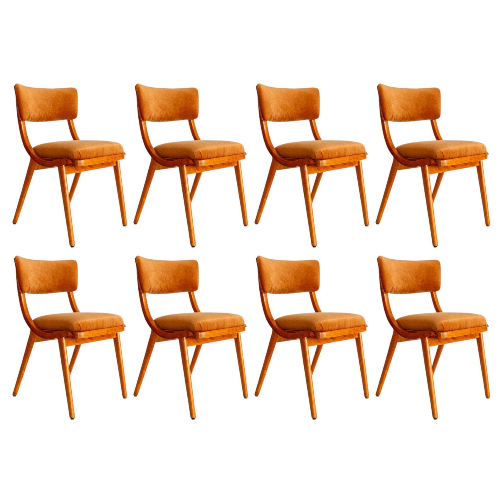 Set van acht mid-century modern Bumerang stoelen, roestkleurig velvet, Polen, ca. jaren 1960