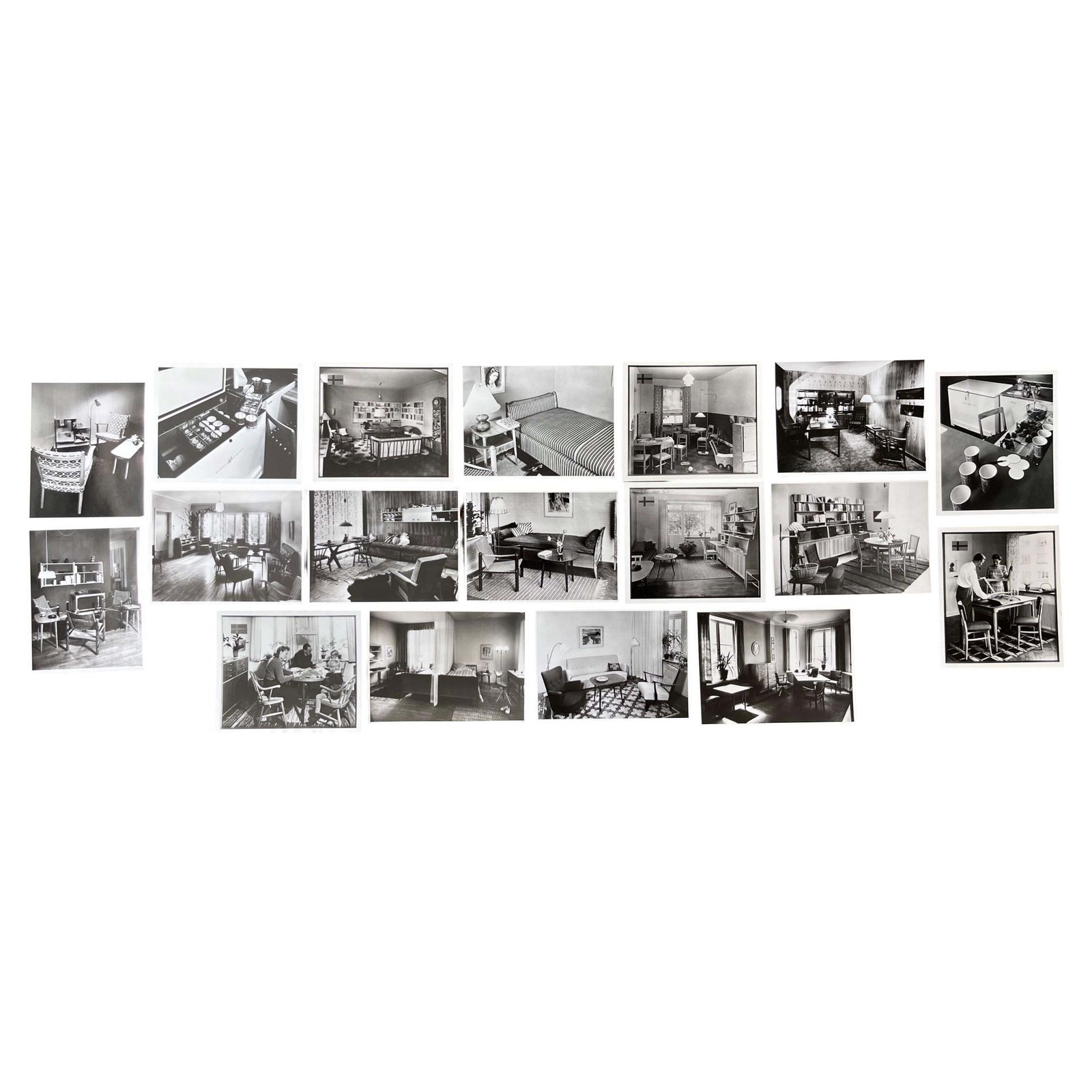 Ensemble de 18 photos d'intérieur, mobilier scandinave, Suède, années 1950