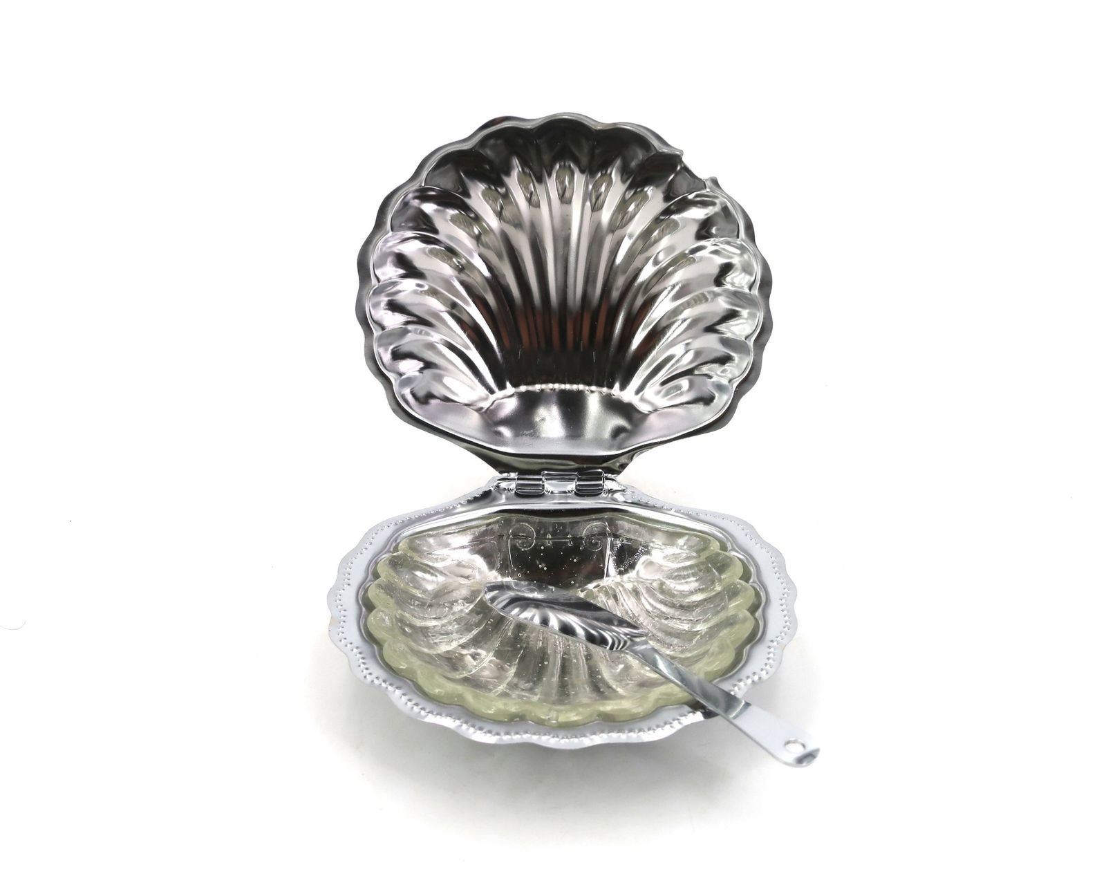 Silver Plated Metal And Glass Shell Shaped Butter Dish With Its Knife.