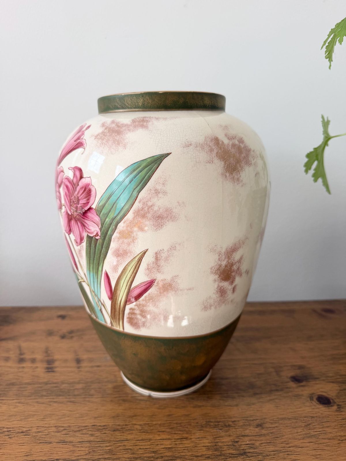 Large Antique Art Nuveau Floral Vase 32cm, Hand Painted Pink Lily Ceramic Urn, Bohemian Austrian Art Pottery, Statement Flower Vase photo 55.0