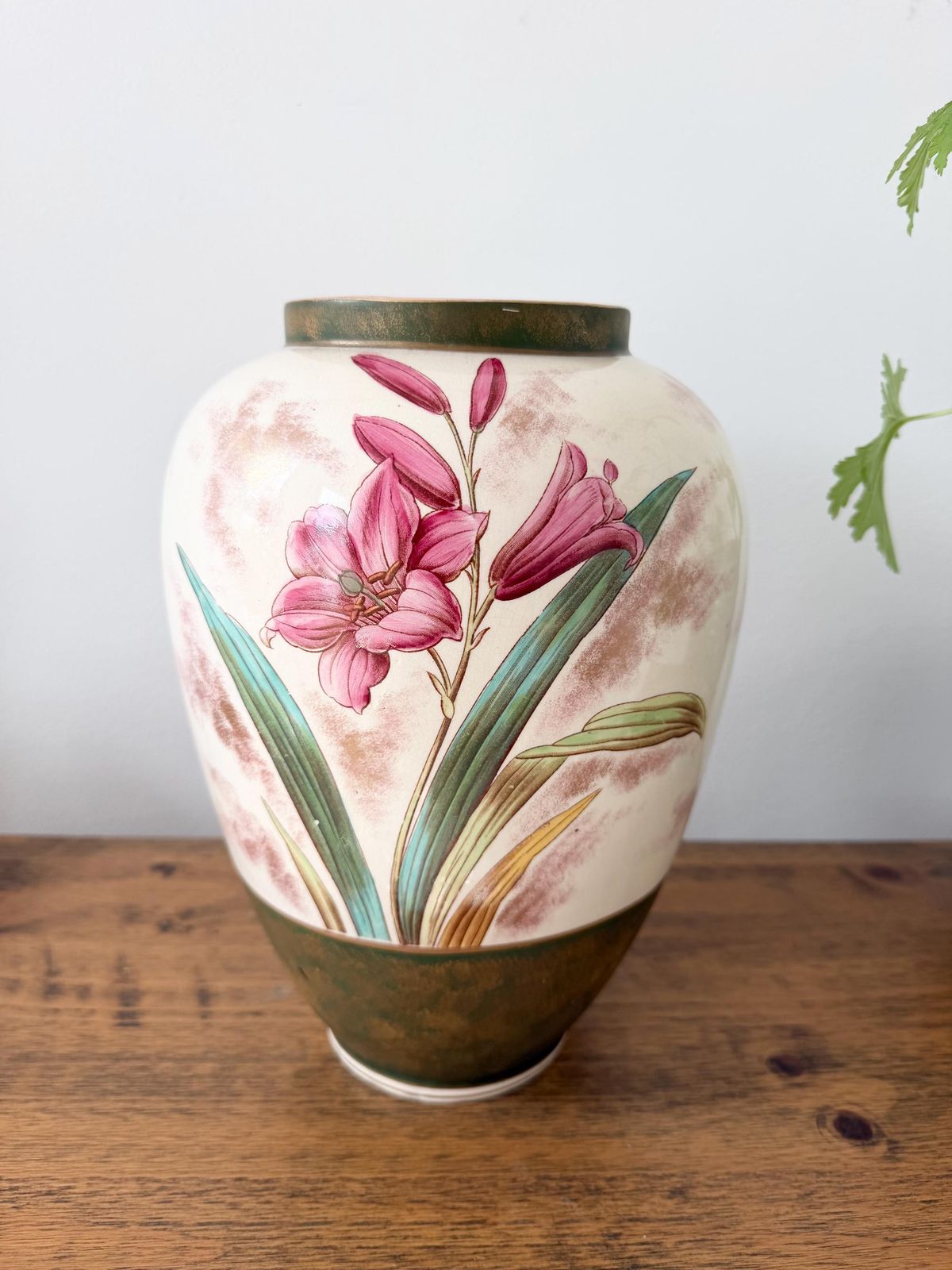Large Antique Art Nuveau Floral Vase 32cm, Hand Painted Pink Lily Ceramic Urn, Bohemian Austrian Art Pottery, Statement Flower Vase photo vinterior