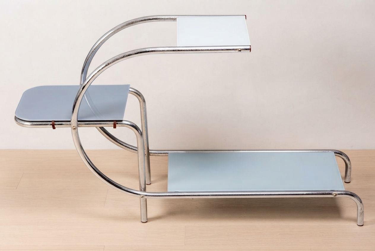 Bauhaus buisstalen bloemenstalage van Emile Guyot, gekleurde glazen planken, midden 20e eeuw, Tsjecho-Slowakije, 79 × 30 × 105 cm photo Woonaccessoires