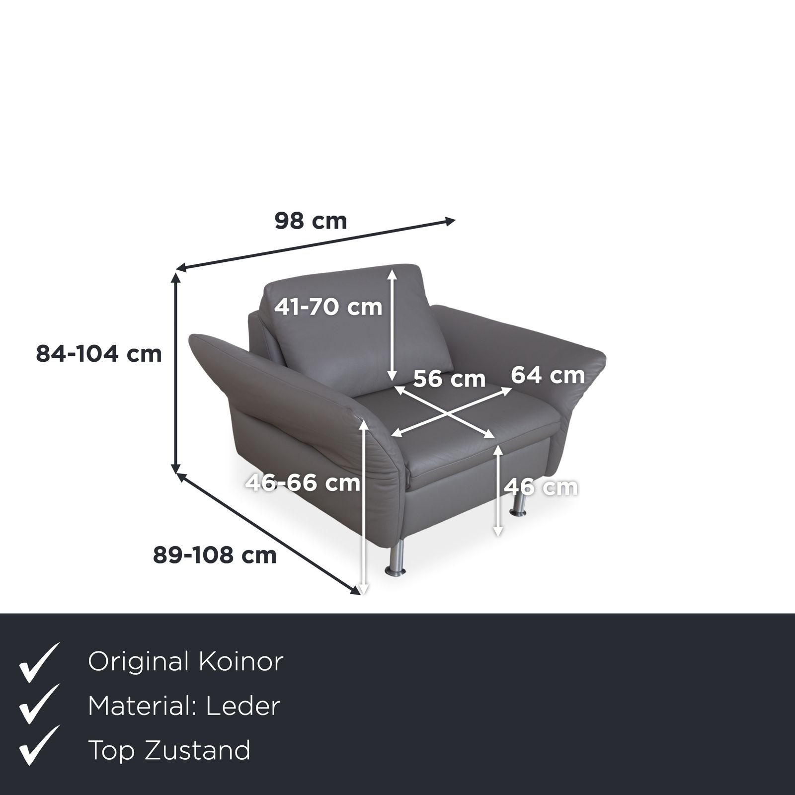 Fauteuil Koinor Elena en cuir gris, fonction manuelle photo furniture