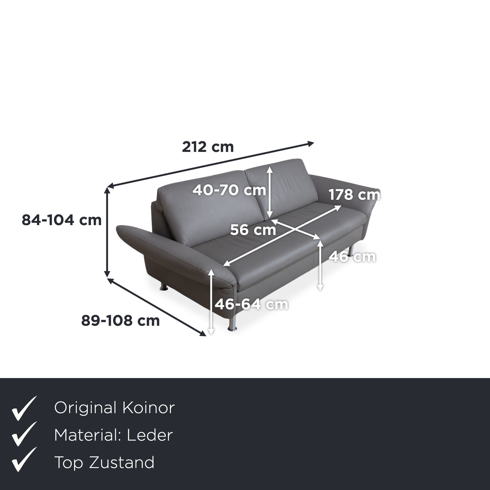 Koinor Elena Leren Driezitsbank Grijs Manuele Functie photo furniture
