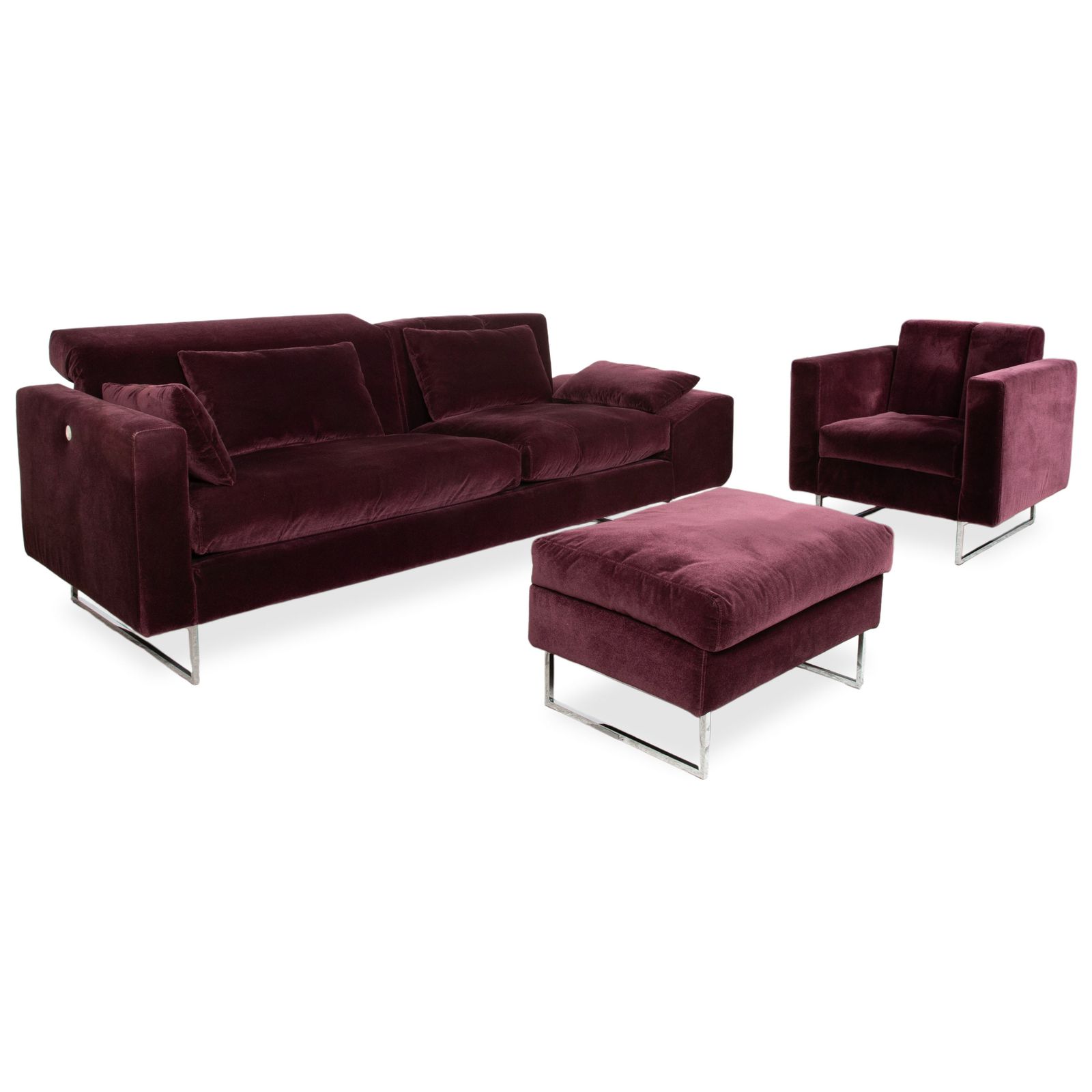 Ensemble canapé Brühl Embrace en velours violet aubergine, chrome, fonction manuelle