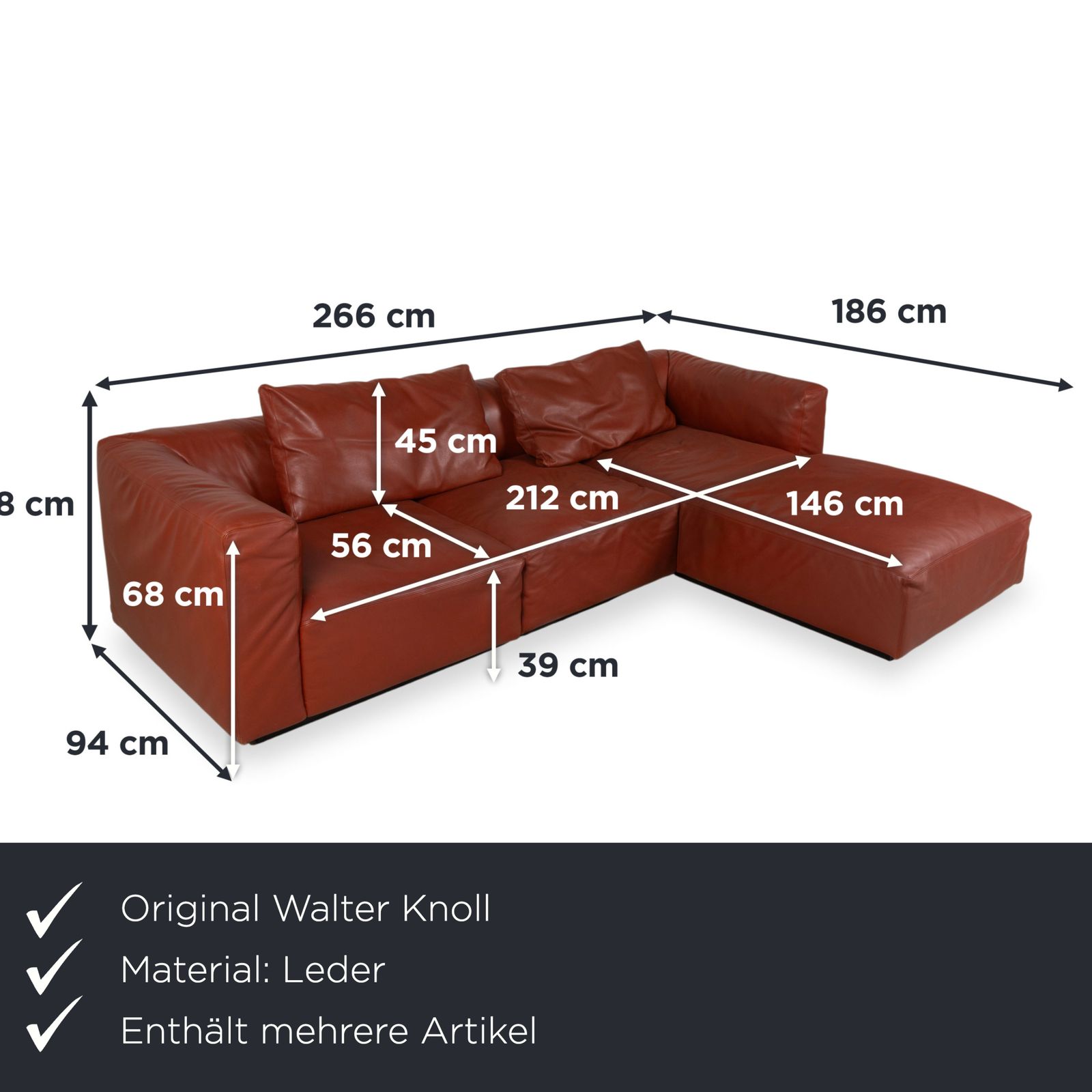 Ensemble canapé d'angle Walter Knoll Living Landscape 755 en cuir rouge terracotta photo furniture