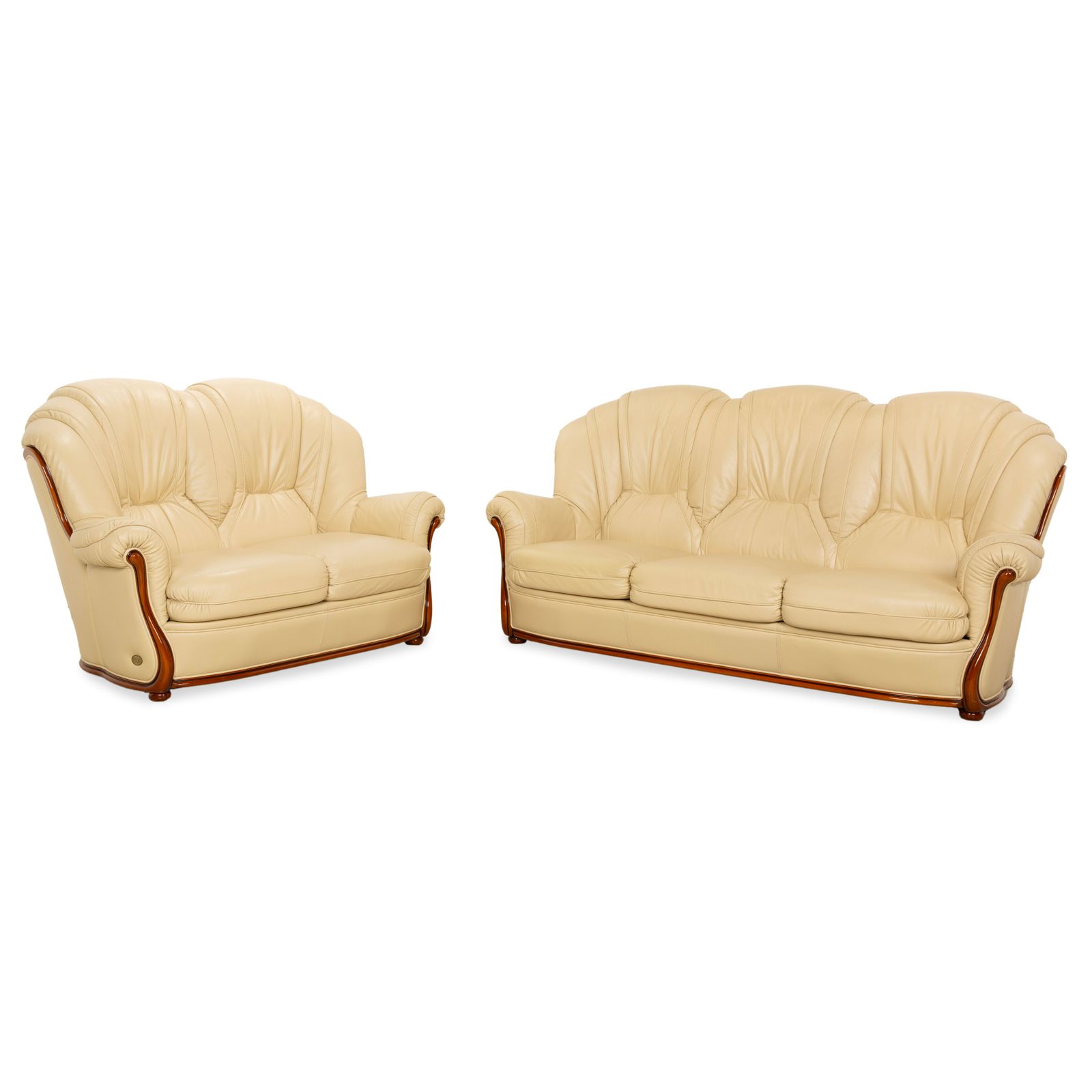 Canapé Nieri en cuir et bois, 3 places et 2 places, crème et brun