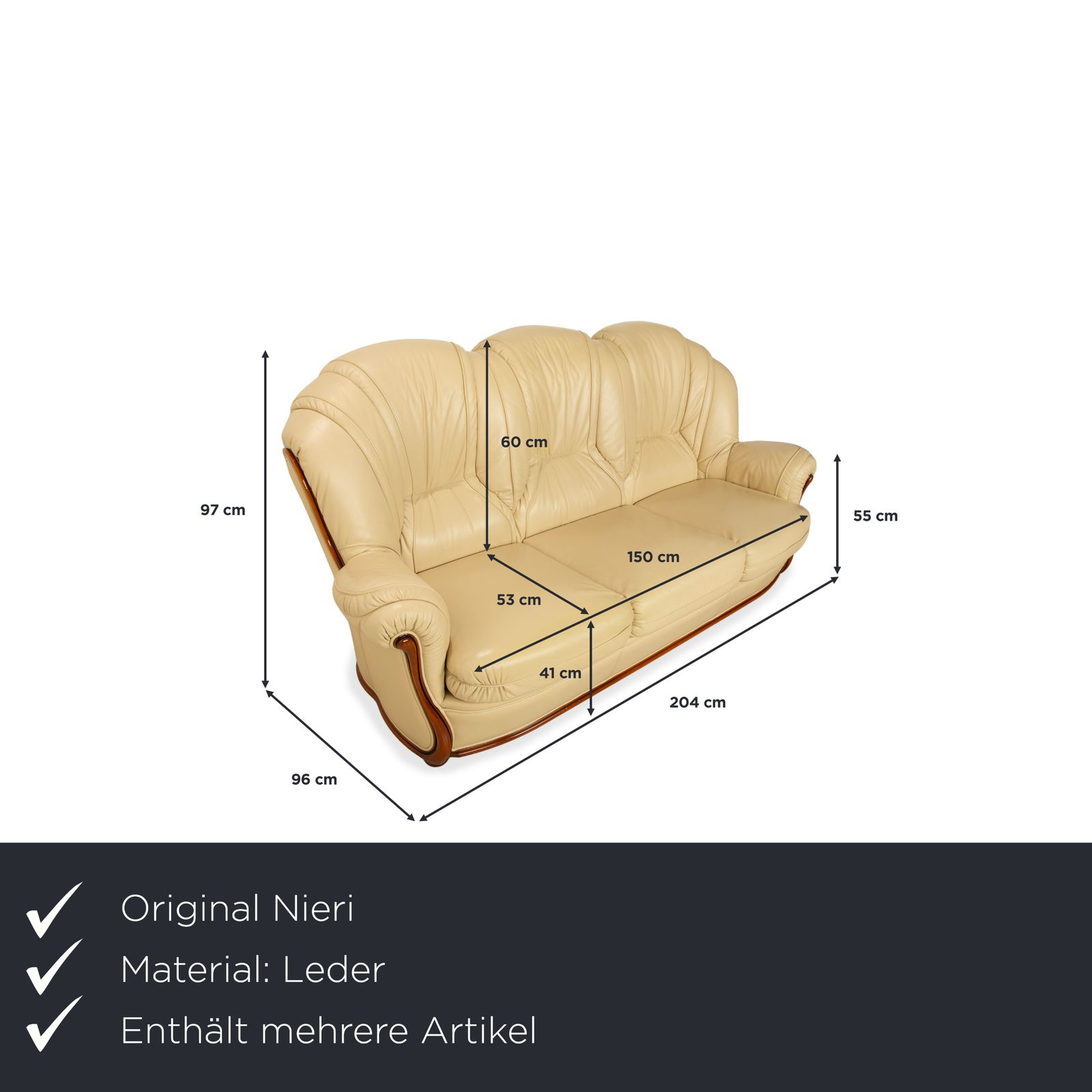Canapé Nieri en cuir et bois, 3 places et 2 places, crème et brun photo furniture