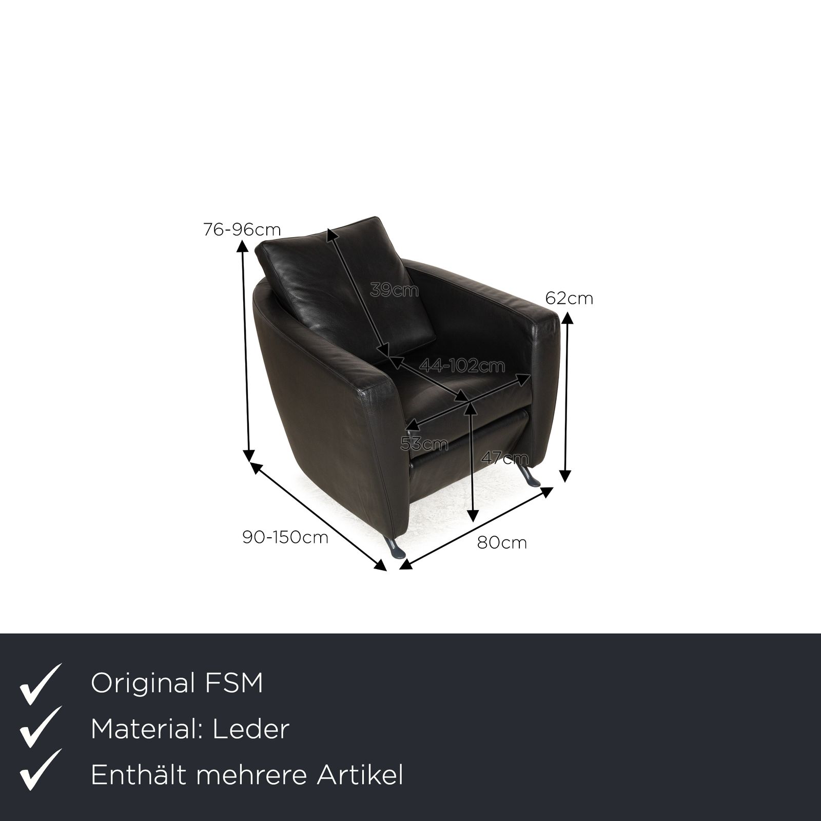 Ensemble de fauteuils FSM Sesame en cuir noir, fonction relaxation manuelle photo furniture