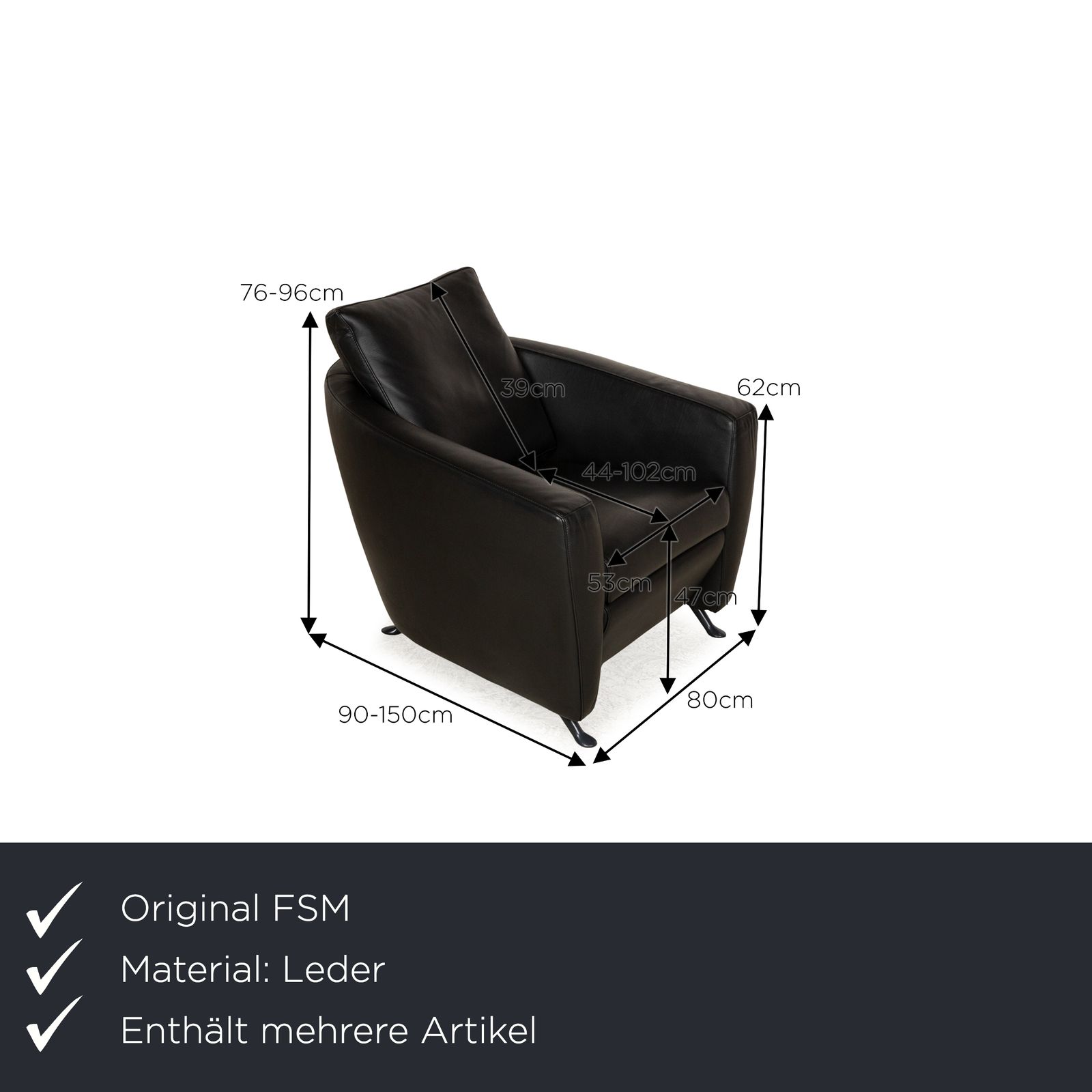 Ensemble de fauteuils FSM Sesame en cuir noir, fonction relaxation manuelle photo for sale
