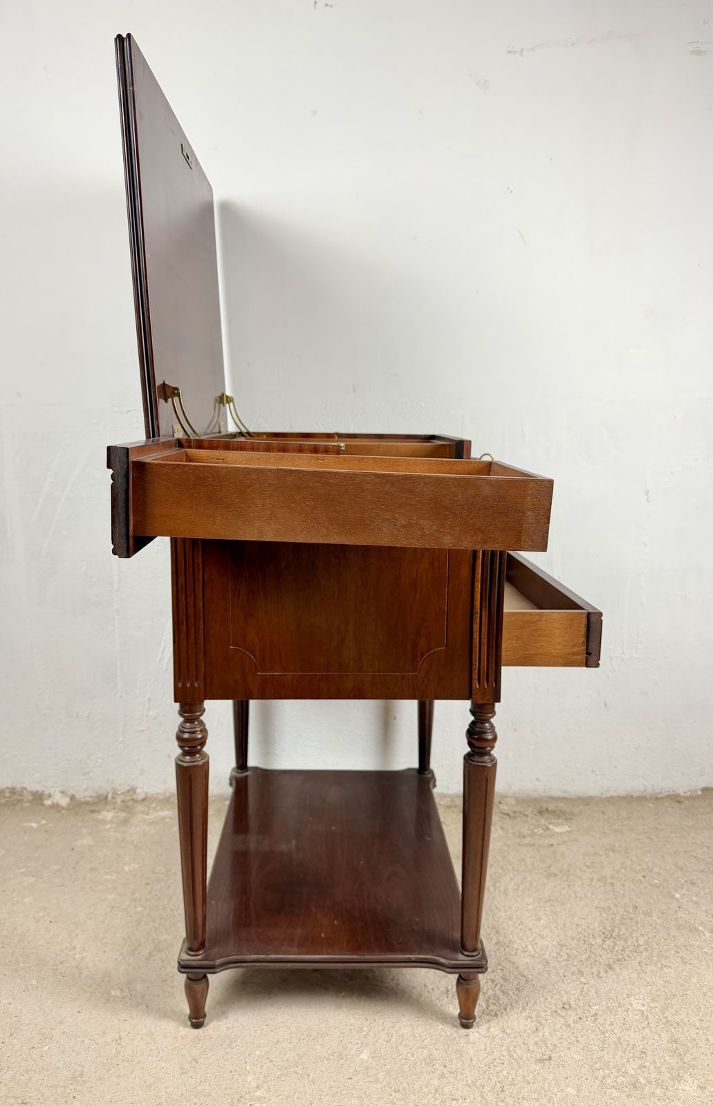 photo for sale Pair Of Wood Storage Tables With Lift Top Compartments, Circa 1970