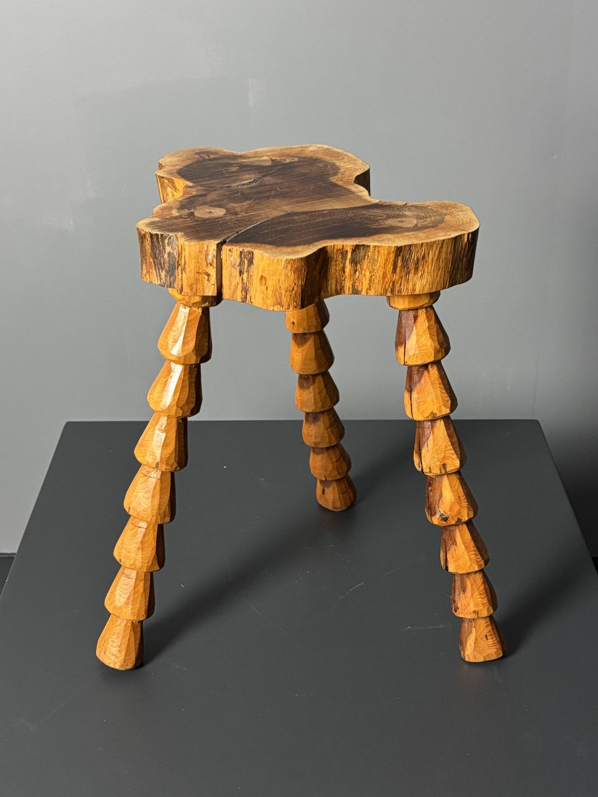 photo furniture Midcentury Brutalist Artisanal Wood Turned Handmade Tripod Stool, Ca 1960s