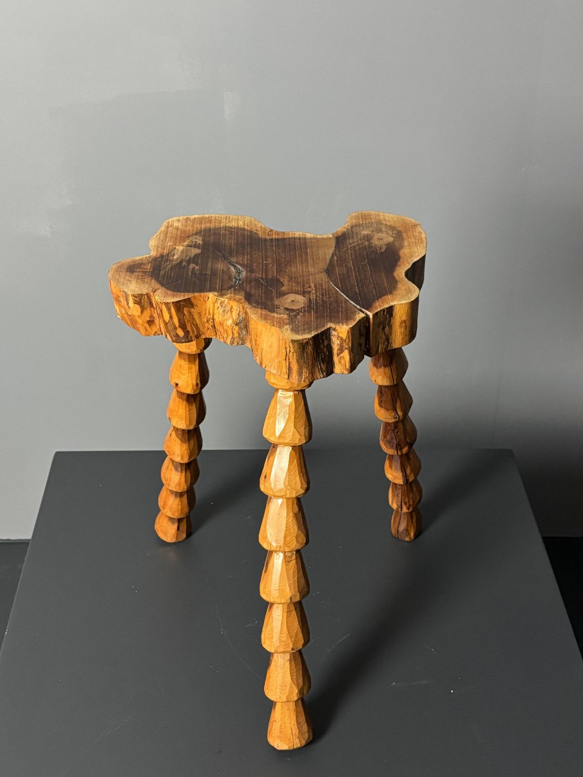 photo for sale Midcentury Brutalist Artisanal Wood Turned Handmade Tripod Stool, Ca 1960s