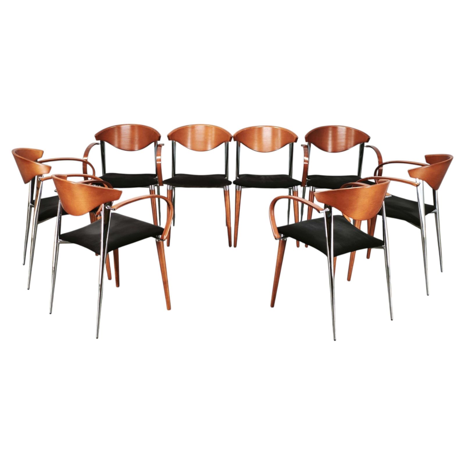 Paco Capdell set van acht Spaanse eetkamerstoelen in chroom, hout en fluweel