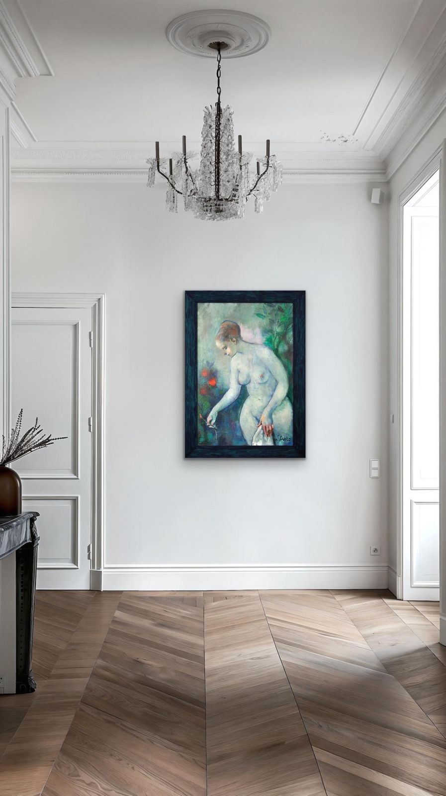 Luciano Sopelsa 1921-2010. Nudo Al Tramanto, 1975. Peinture vénitienne à l'huile encadrée représentant une femme nue avec des fleurs photo vinterior
