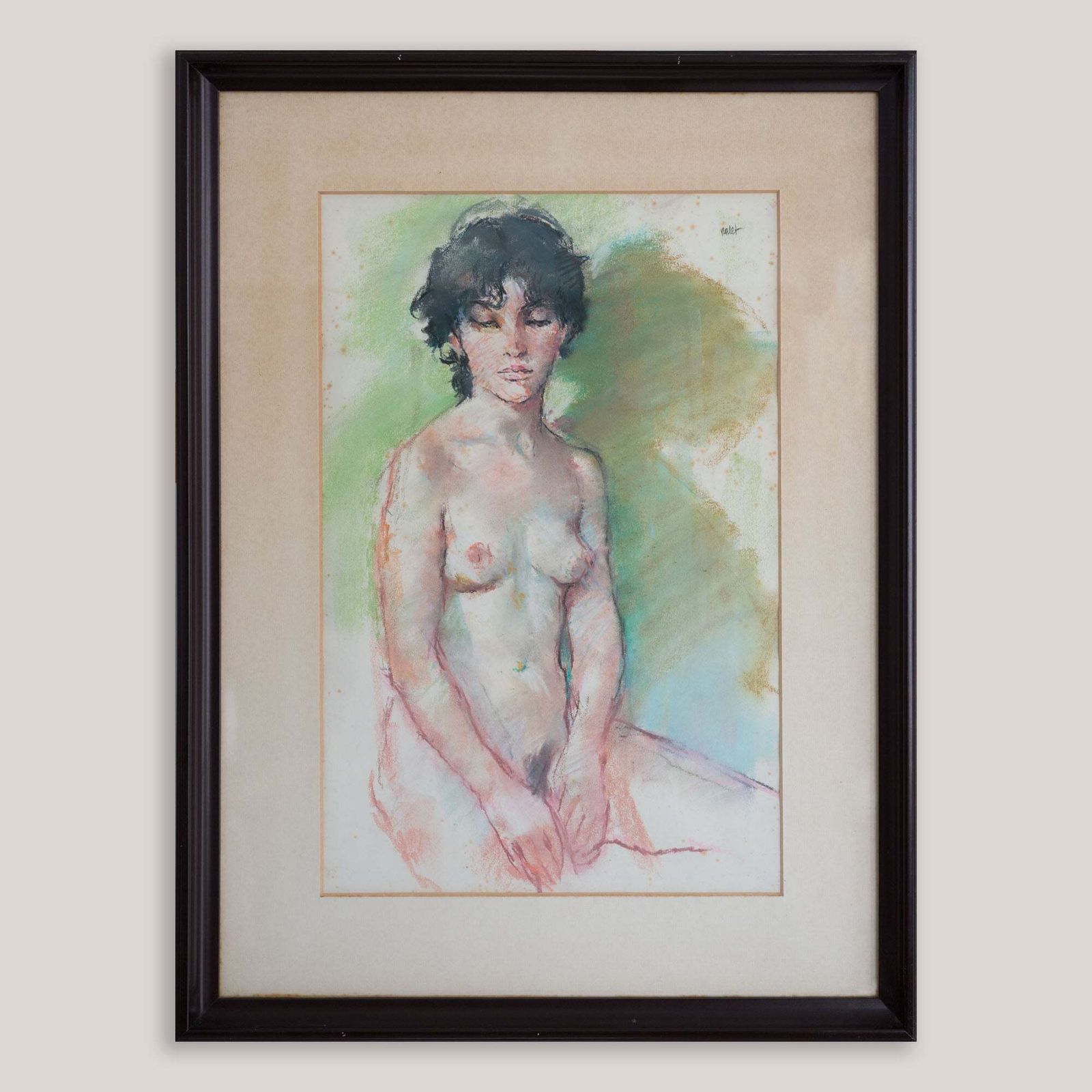 Mid-Century zittend vrouwelijk naakt, pastel en aquarel, gesigneerd photo furniture
